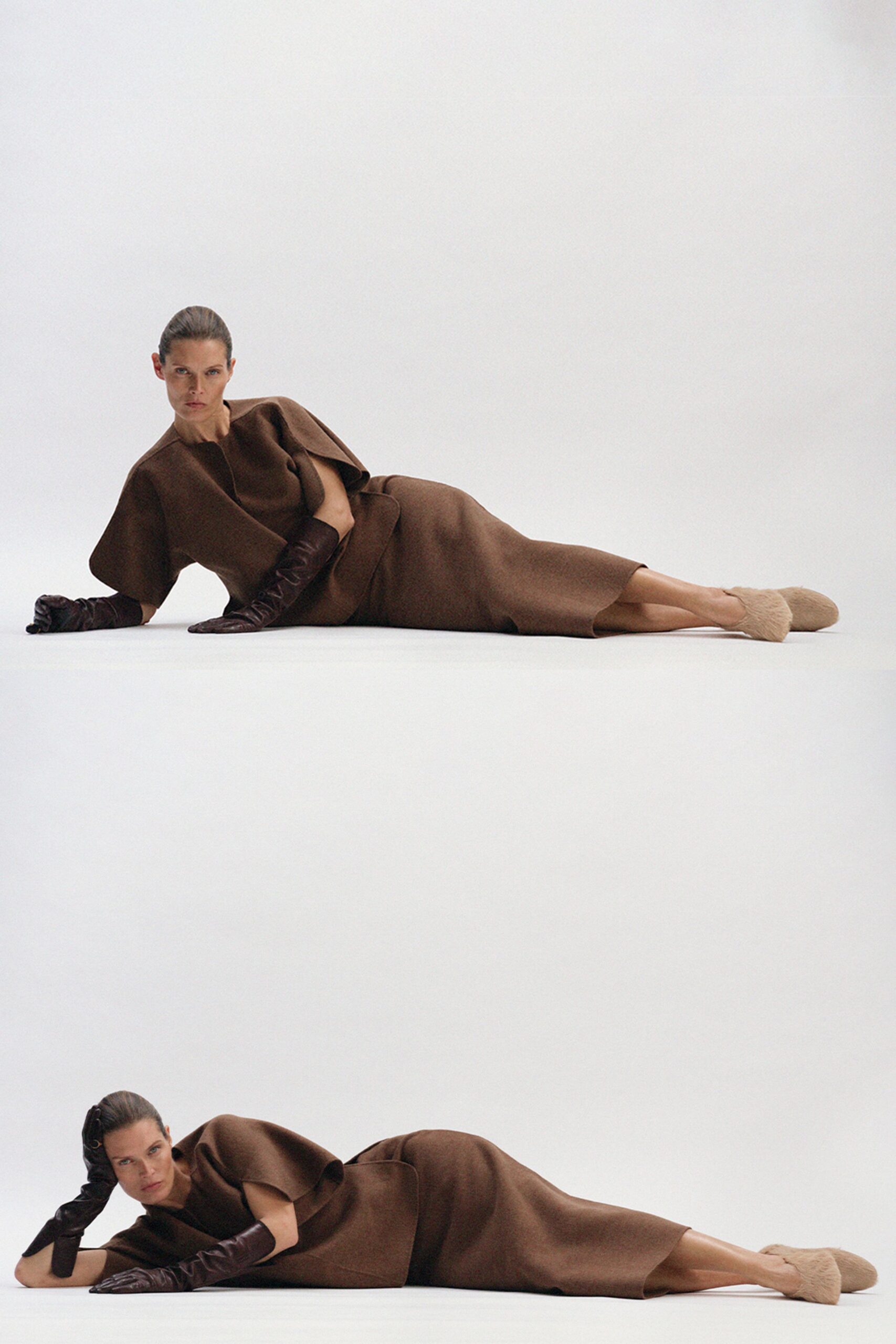 brown wool midi dress with gloves