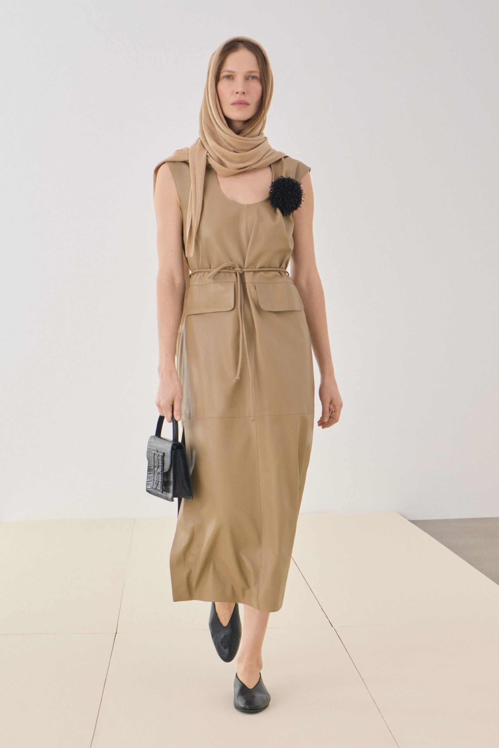 beige leather fitted midi dress