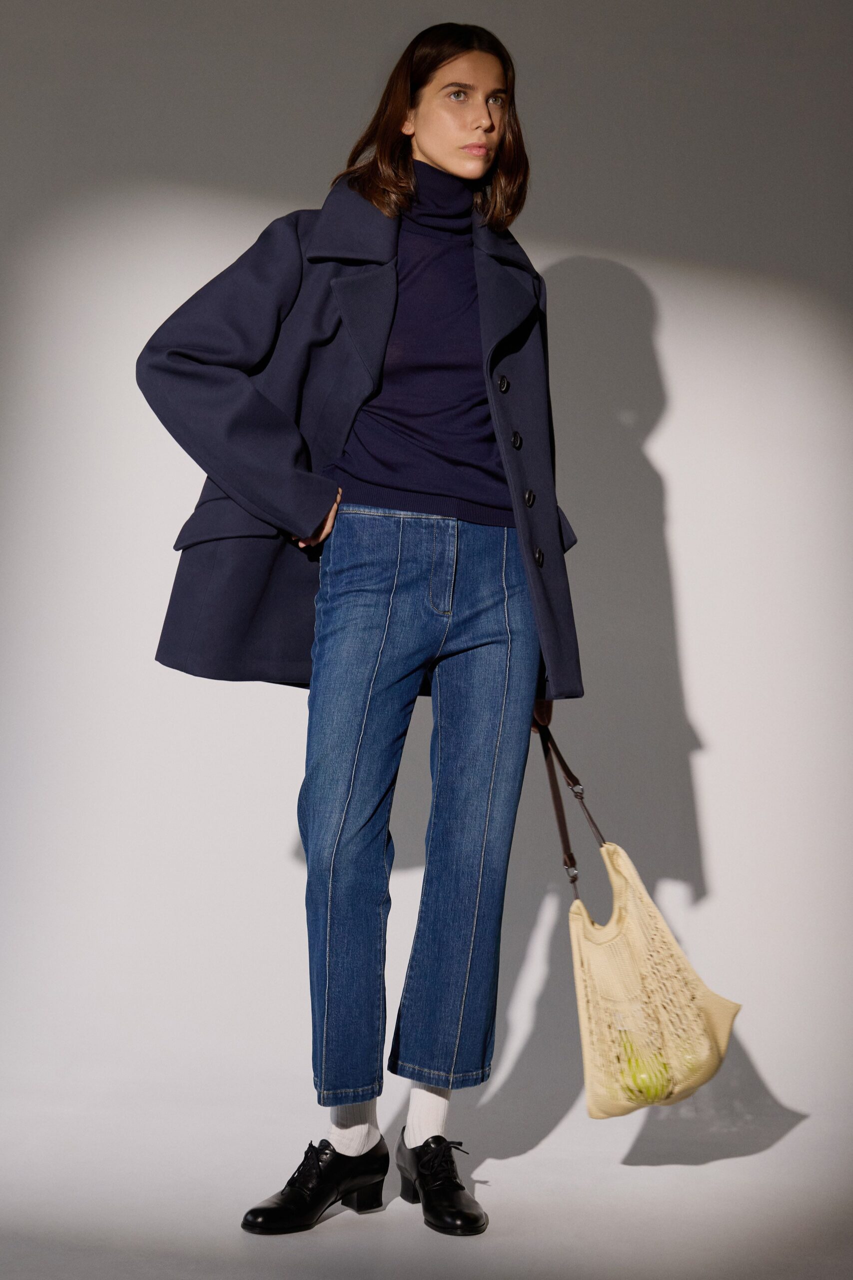 blue wool coat with navy top
