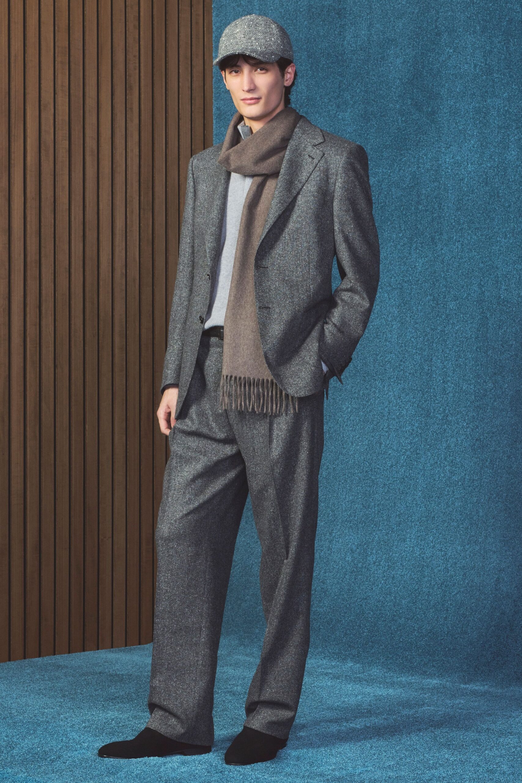 gray tailored suit with scarf