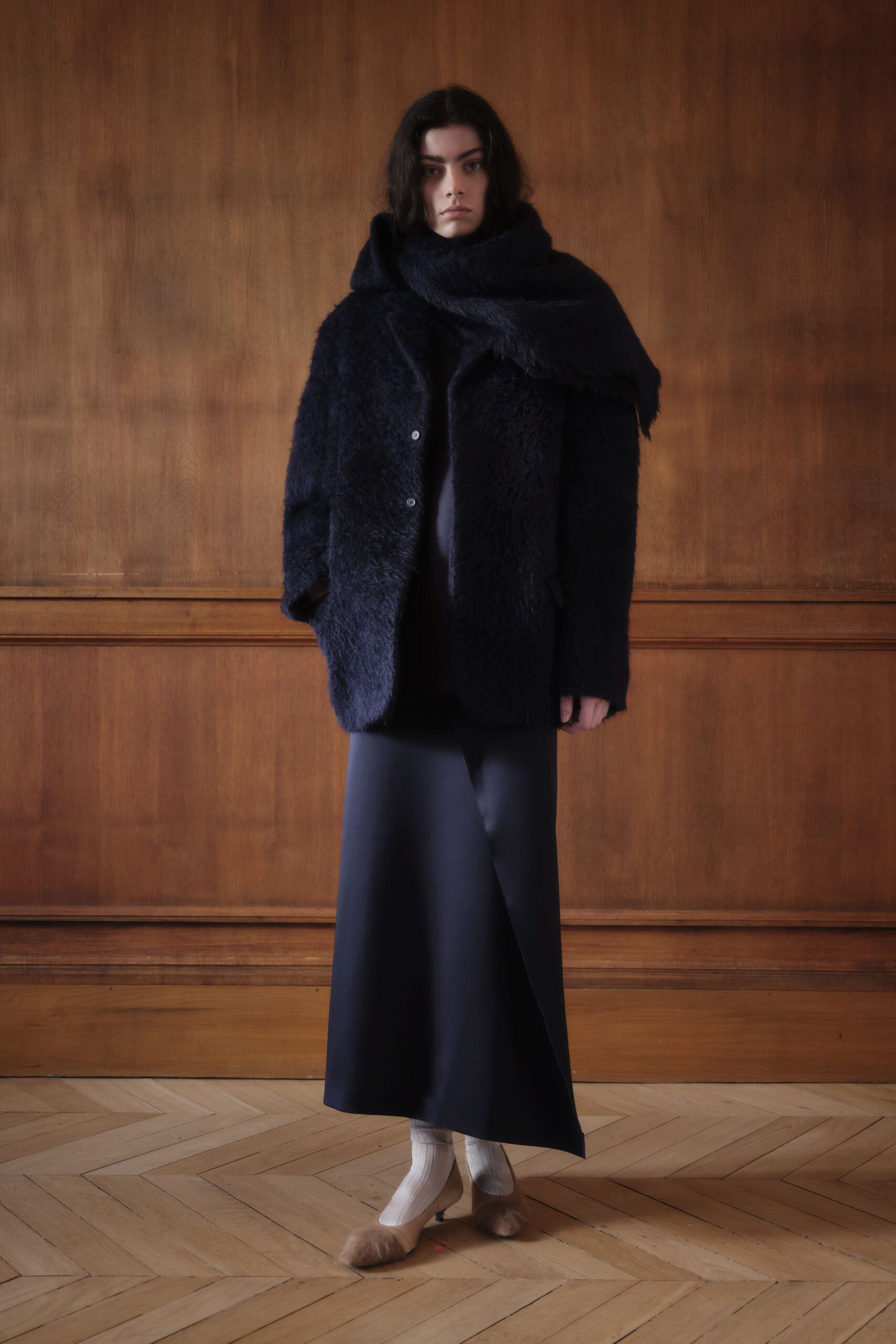 black faux-fur coat and skirt
