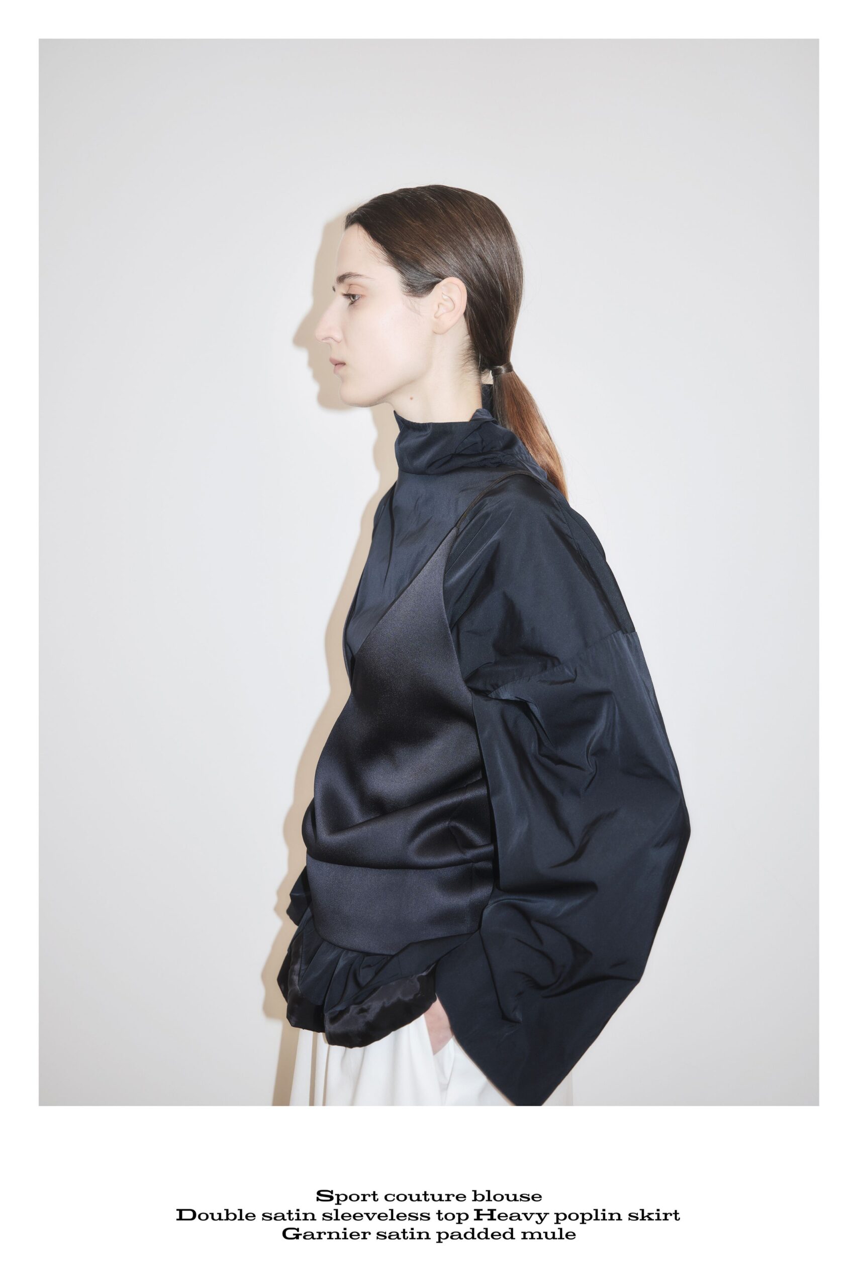black satin blouse white poplin skirt