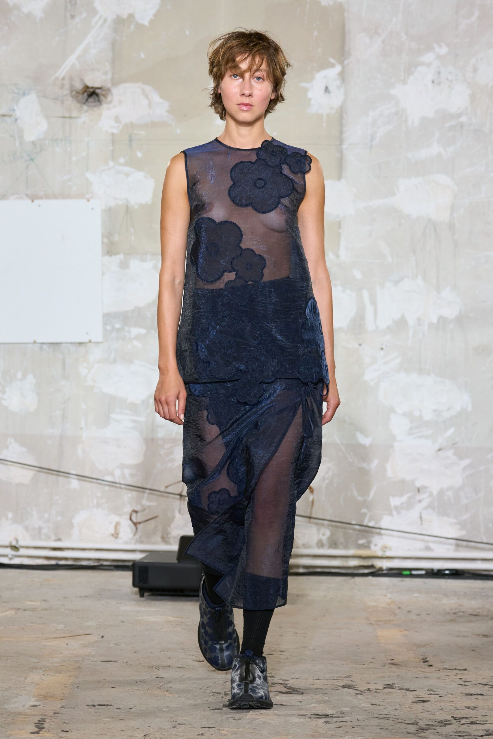 blue mesh sleeveless v-neck fitted floral layered dress
