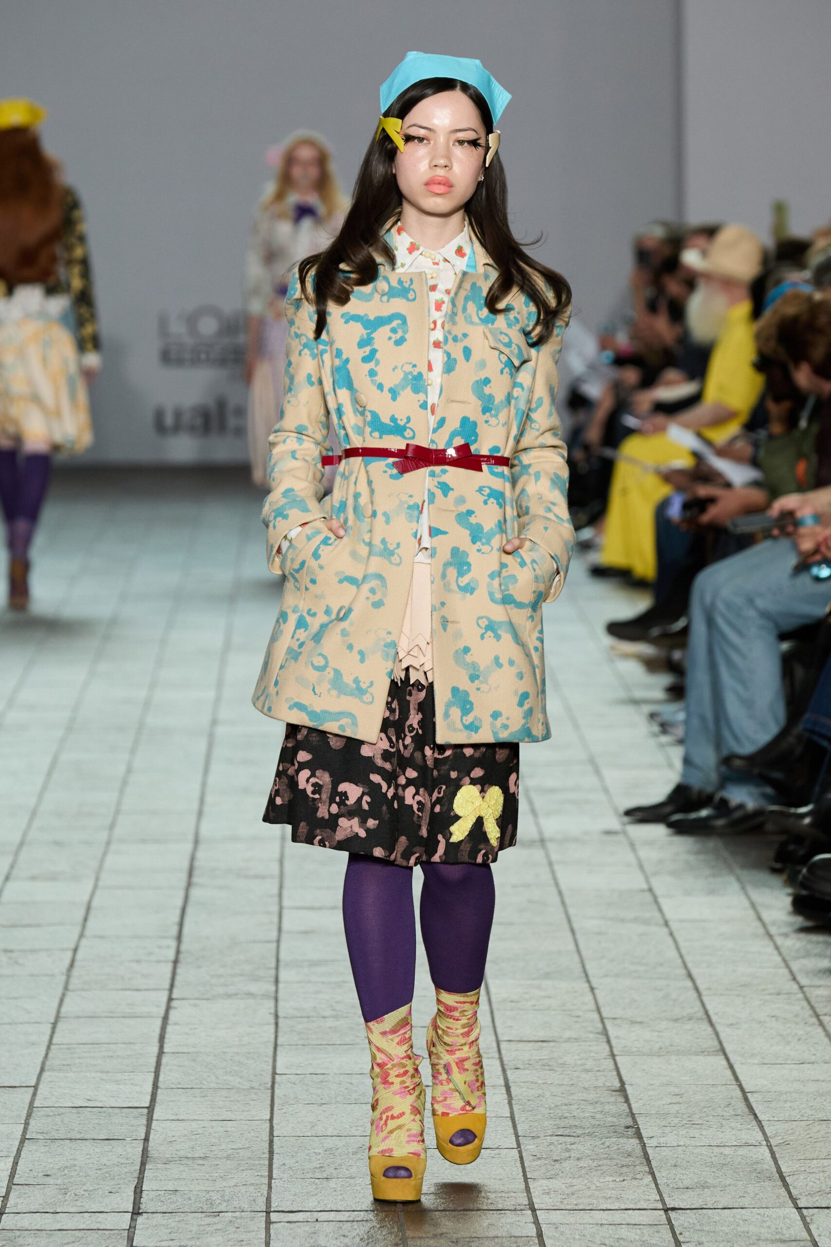 beige cotton long-sleeve collared fitted printed coat