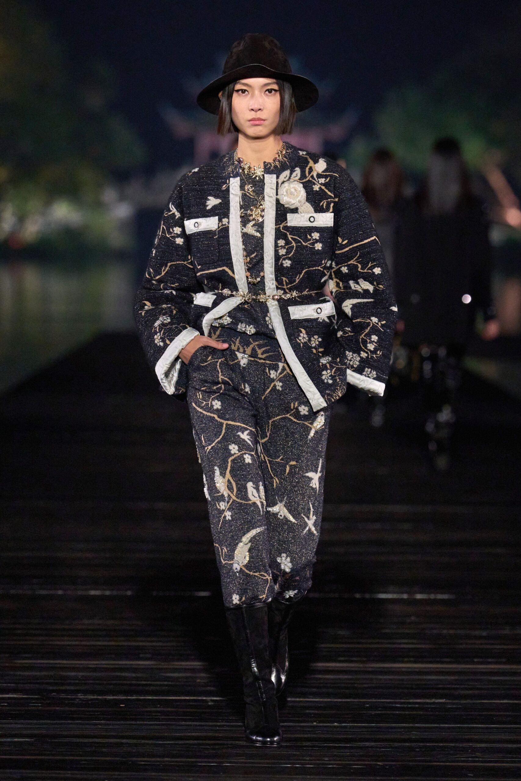 black and white embroidered jacket with wide-leg pants