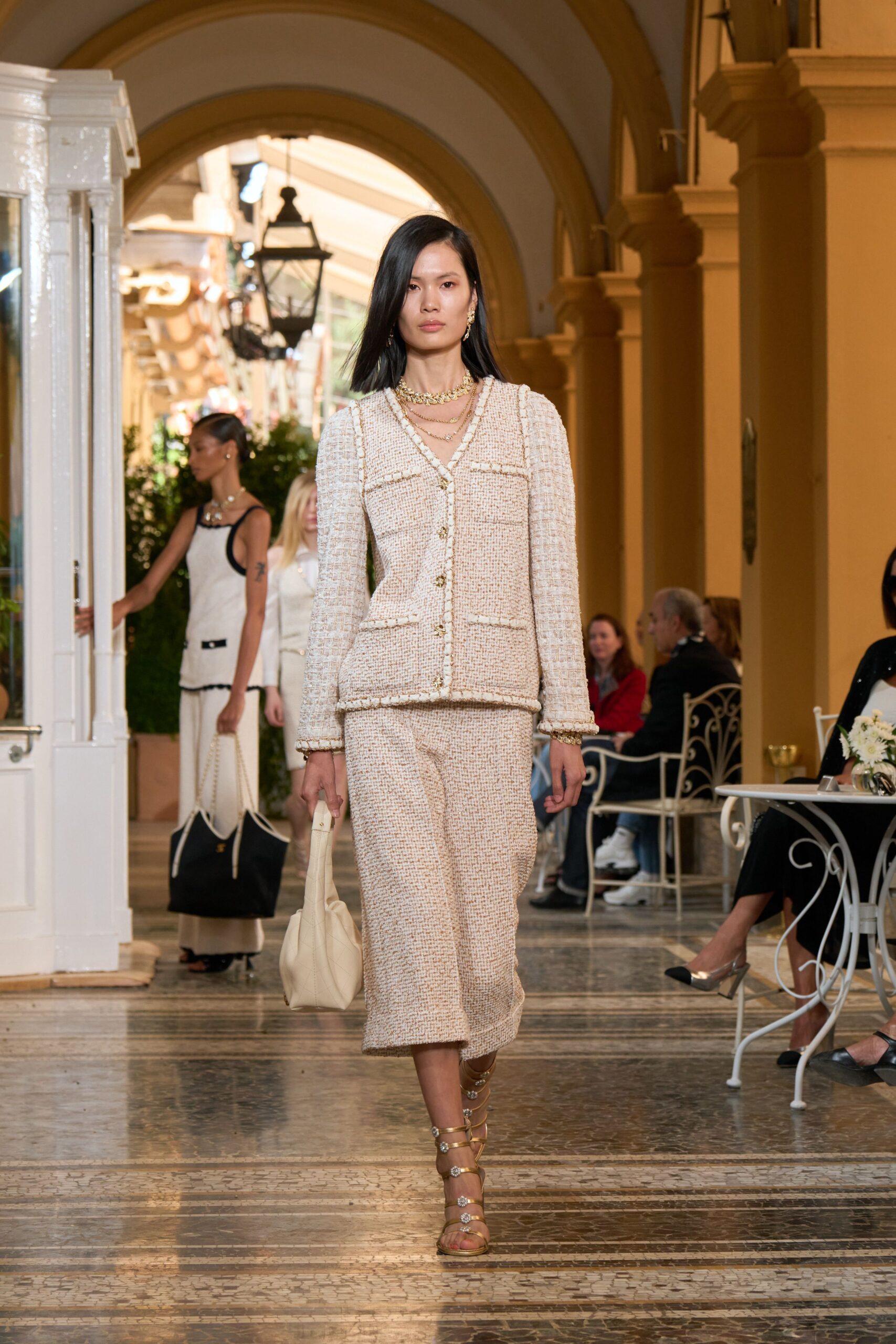 white tweed structured straight-leg textured midi skirt