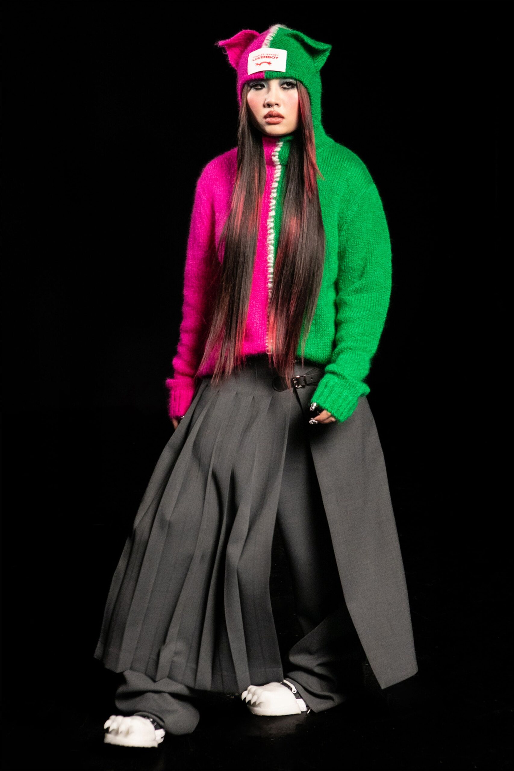 colorful sweater with pleated pants