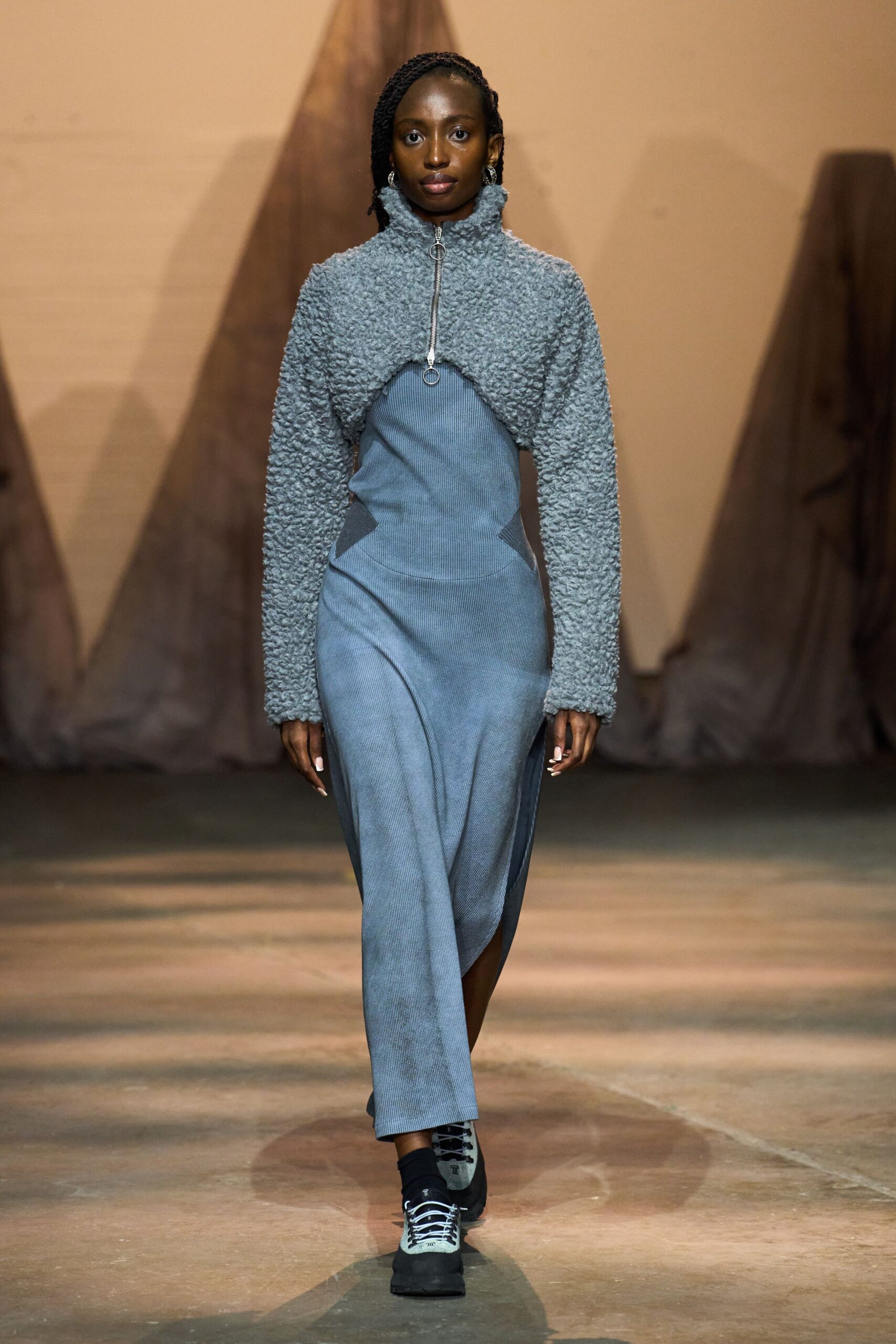 gray cotton long-sleeve high-neck fitted draped midi dress