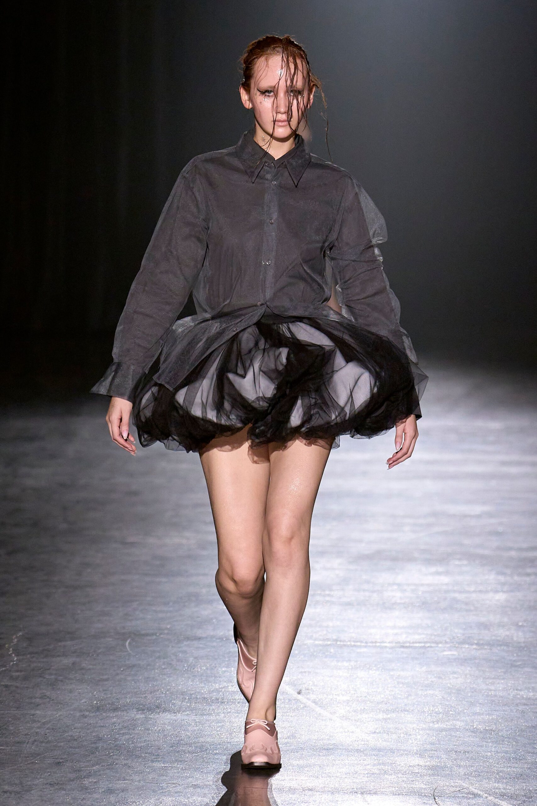 black tulle long-sleeve collared fitted pleated layered dress