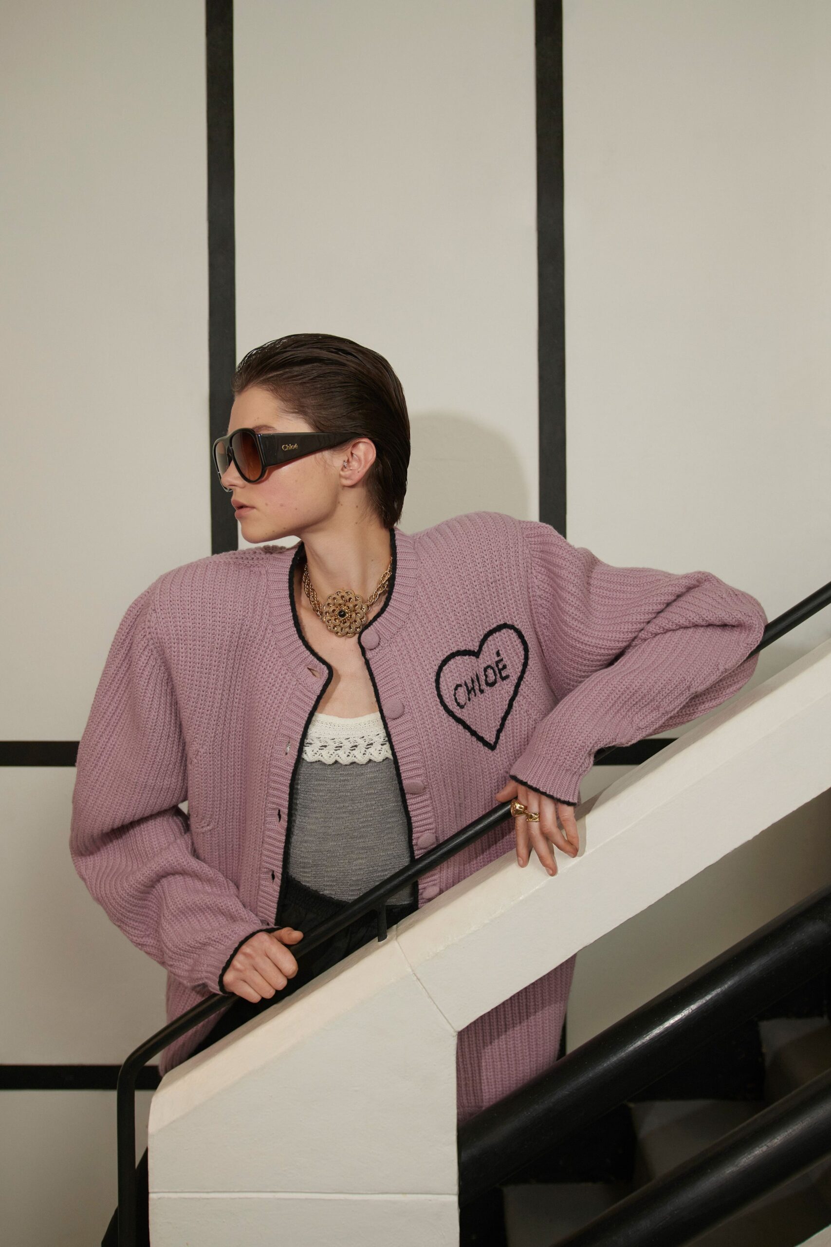 pink knit long-sleeve collared oversized buttoned embroidered jacket