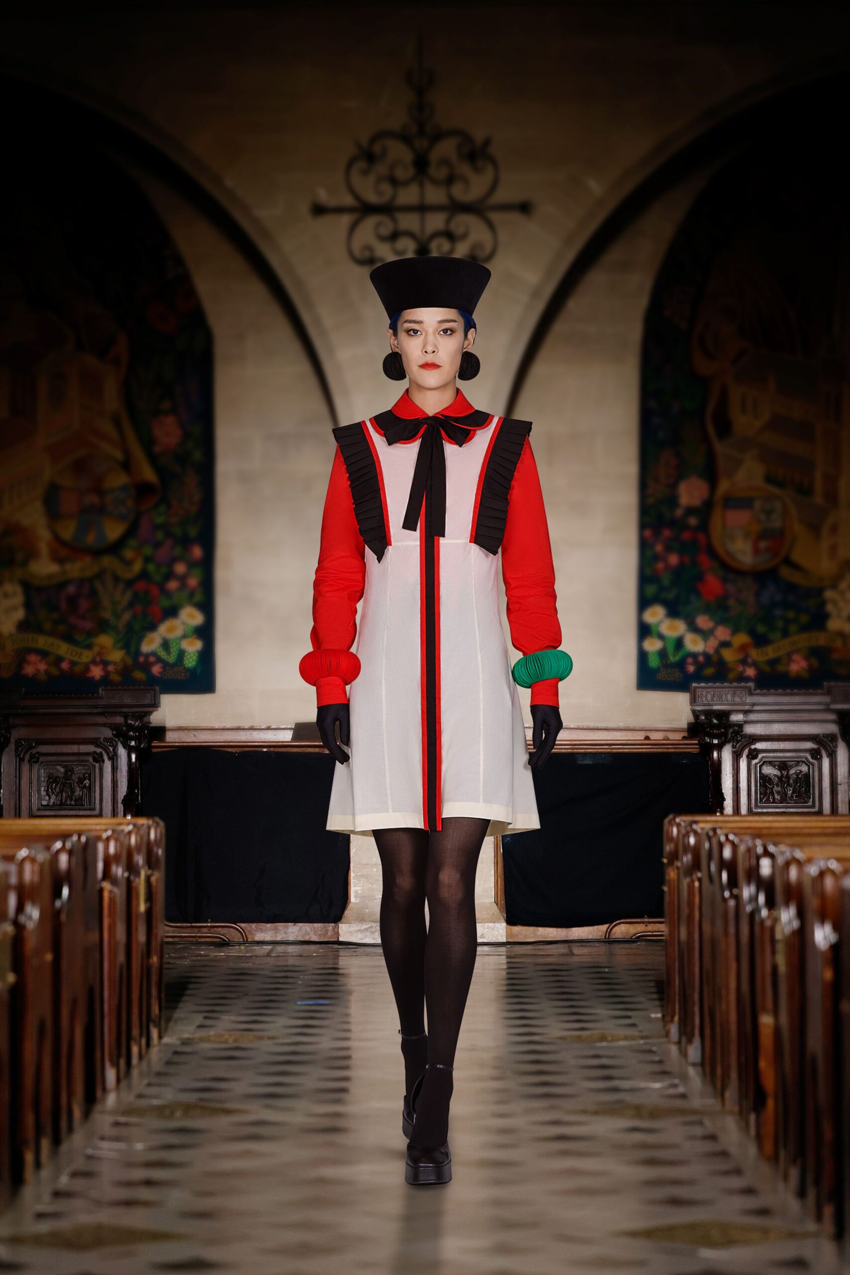 red cotton long-sleeve collared fitted pleated buttoned dress