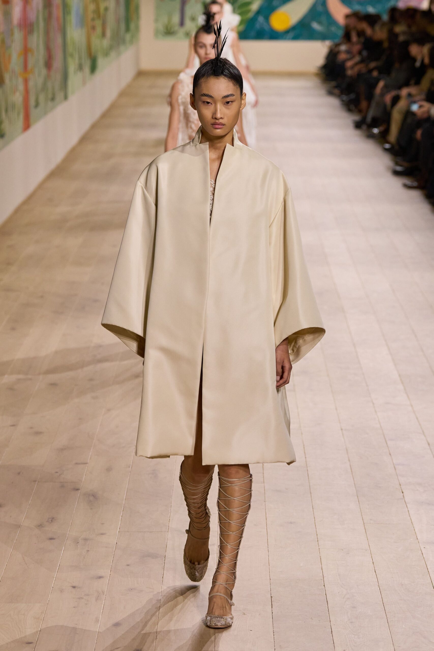 beige silk relaxed coat with strappy shoes