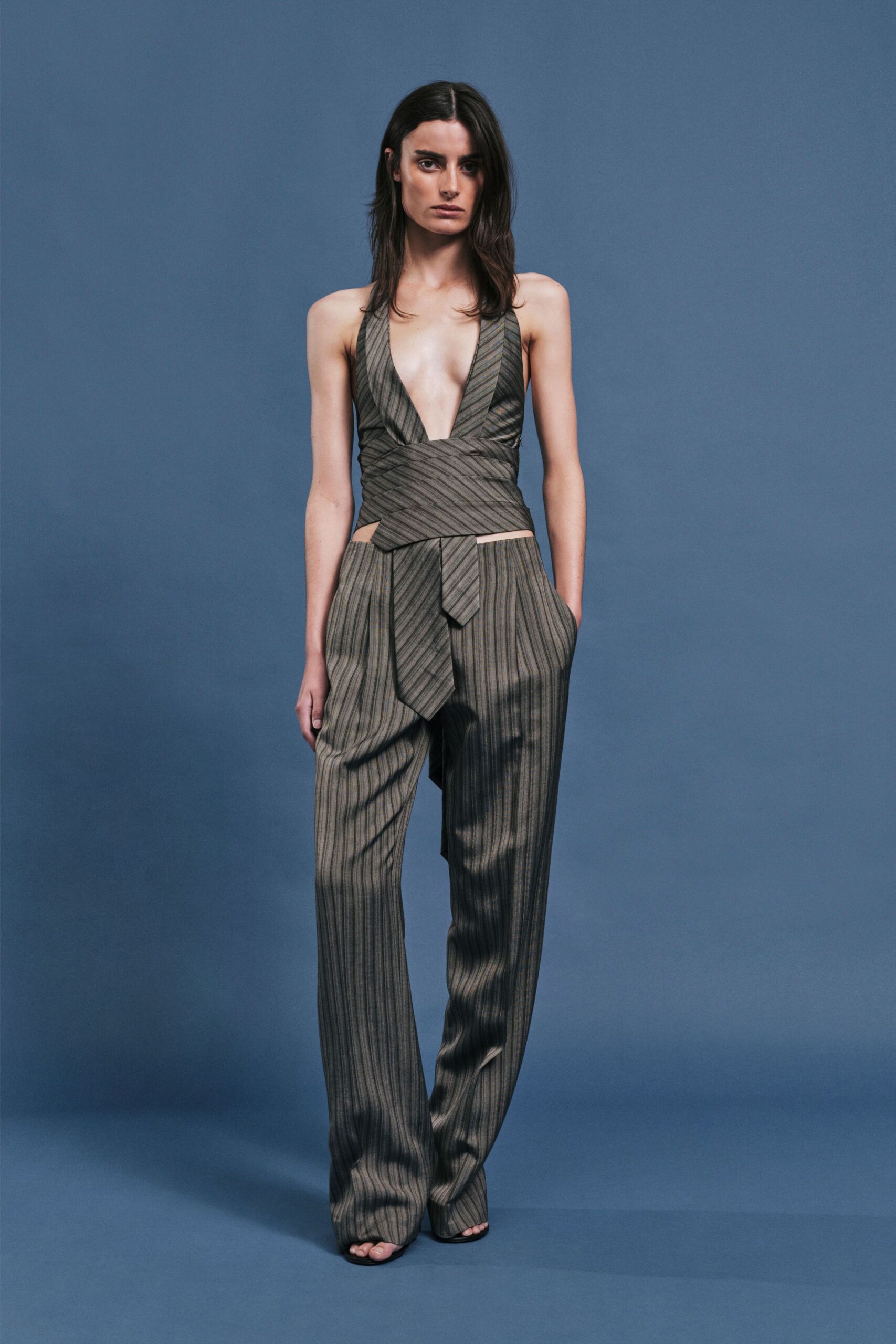 gray silk sleeveless top and pants