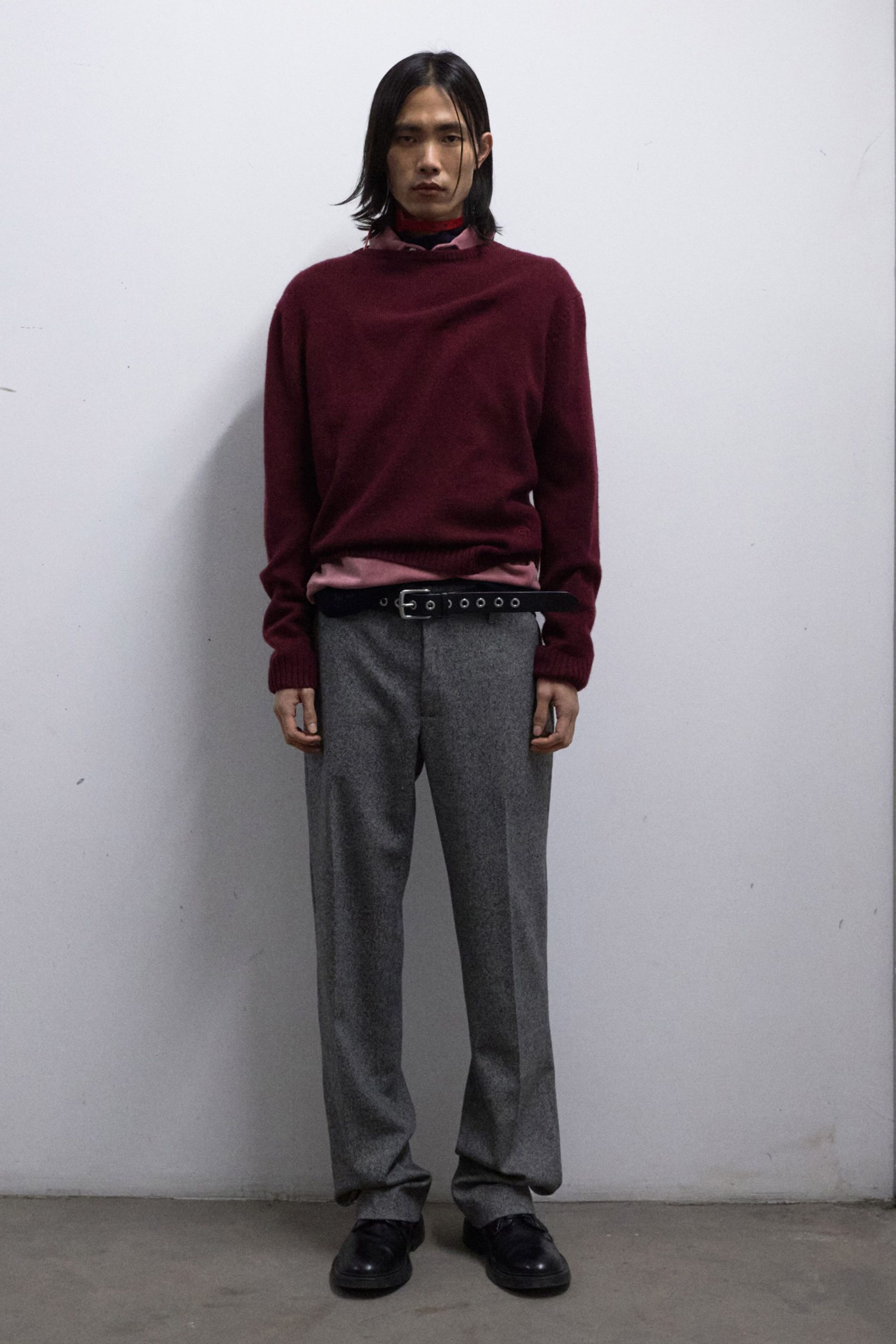 red wool sweater gray pants