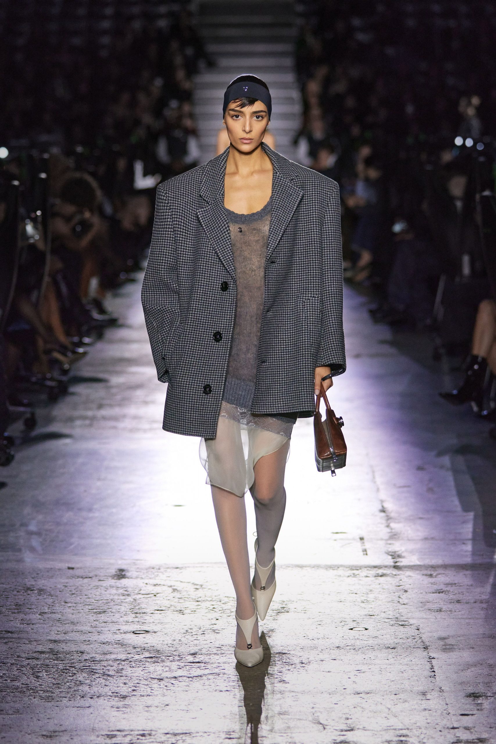 oversized gray jacket with sheer top