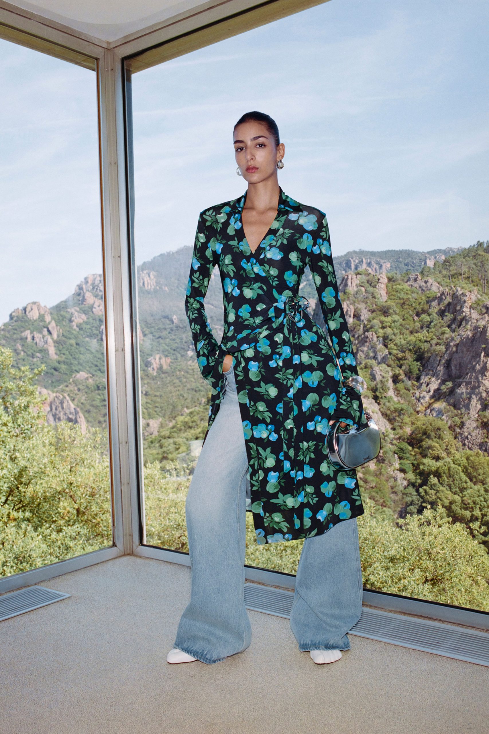 floral midi dress with wide-leg pants