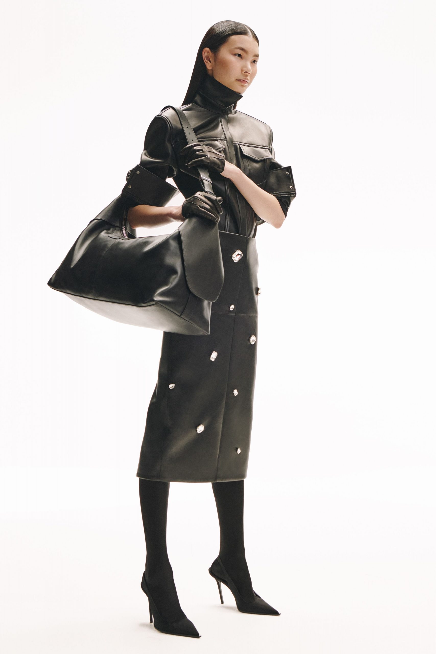 black leather short-sleeve collared fitted buttoned pencil dress