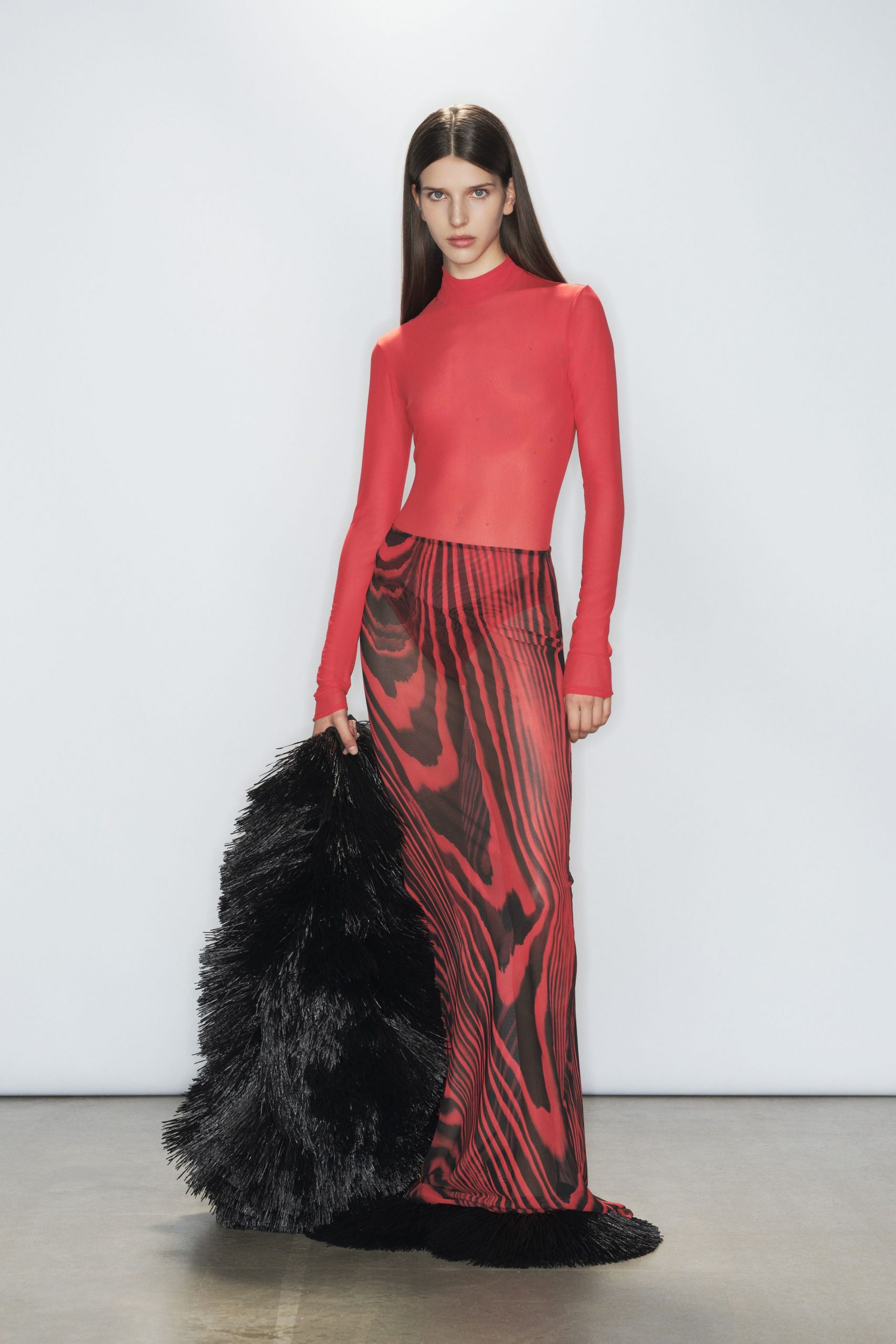 red mesh long-sleeve high-neck fitted sheer top
