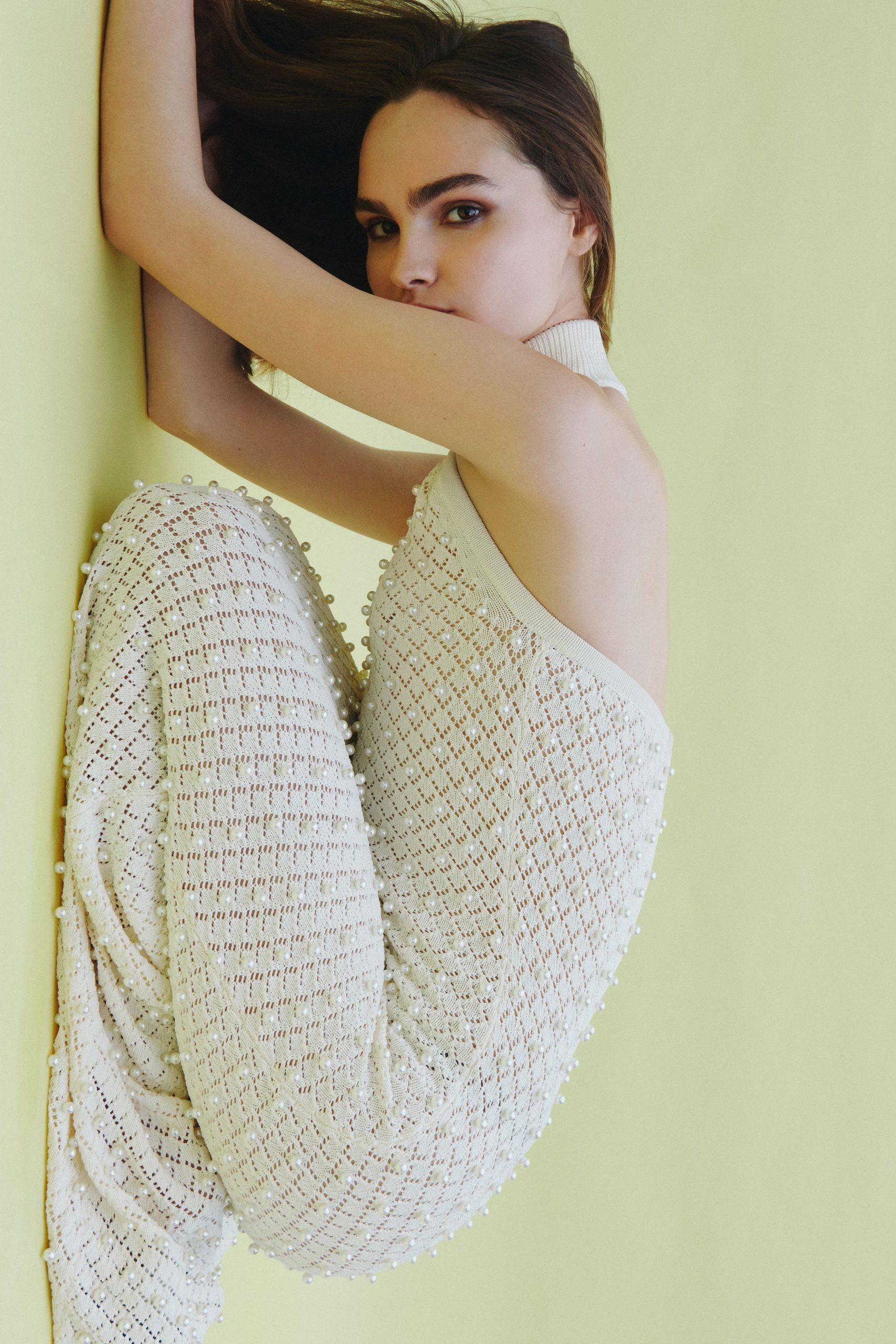 white fitted crochet jumpsuit