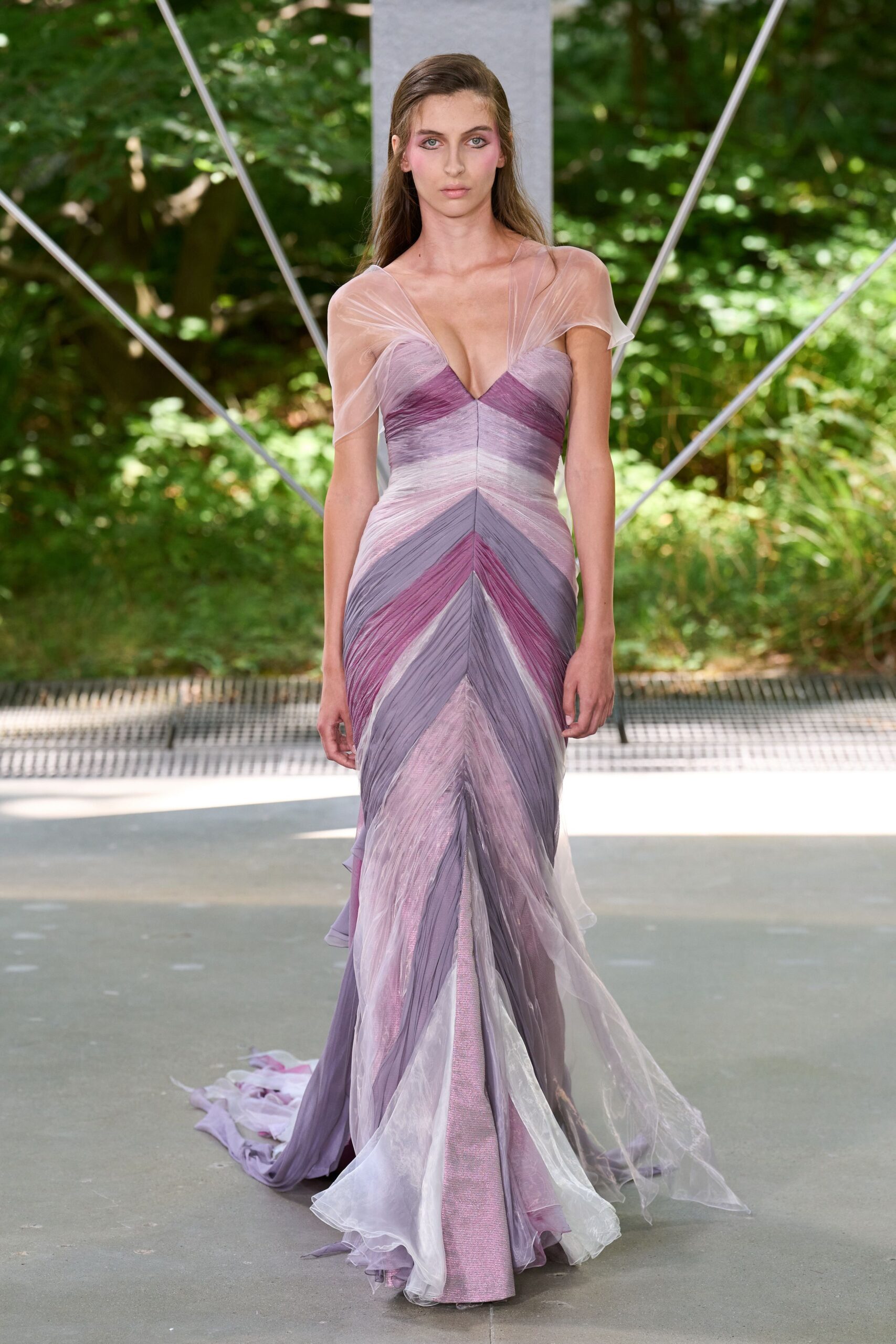 purple pink white flowing gown