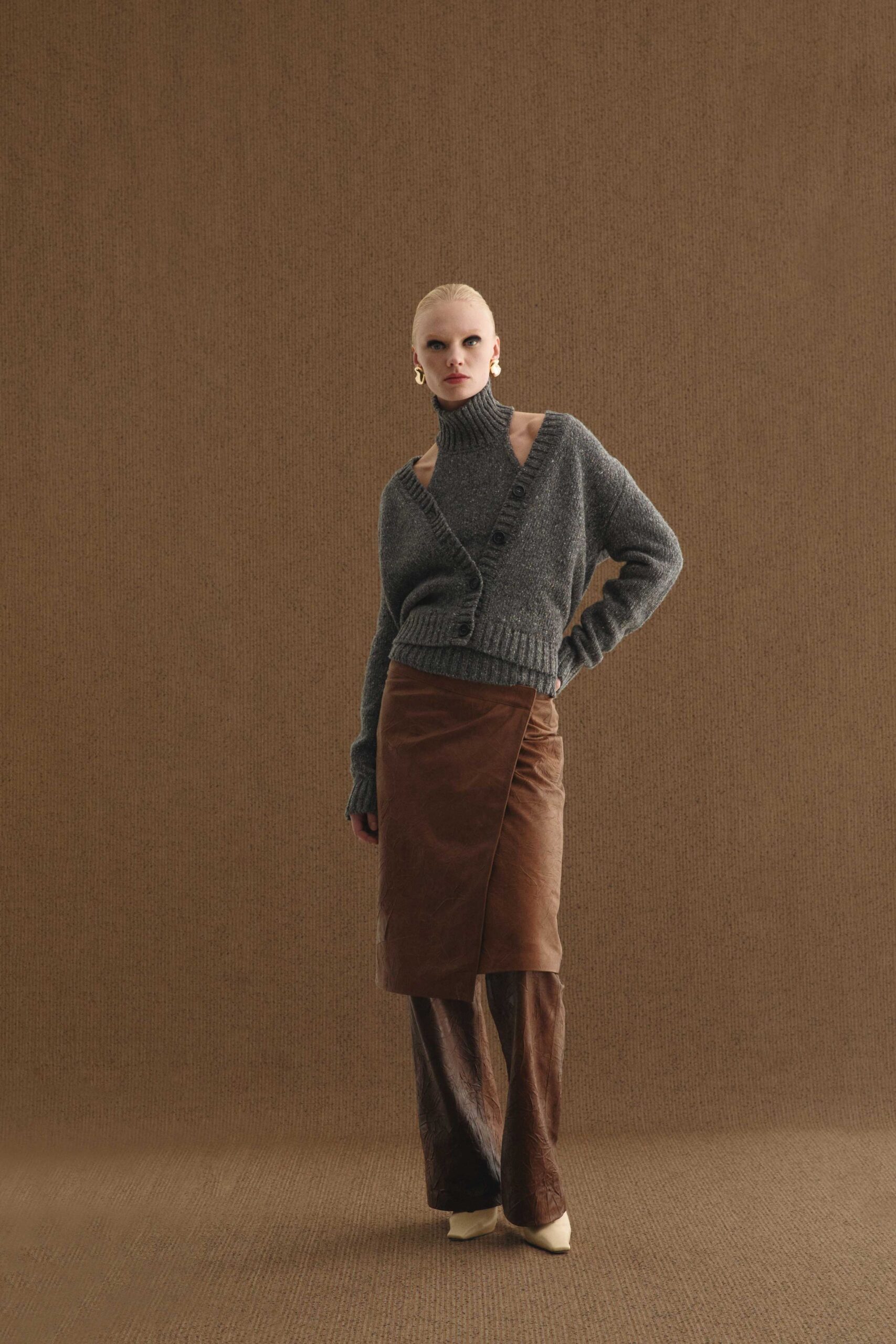 gray wool sweater brown leather skirt