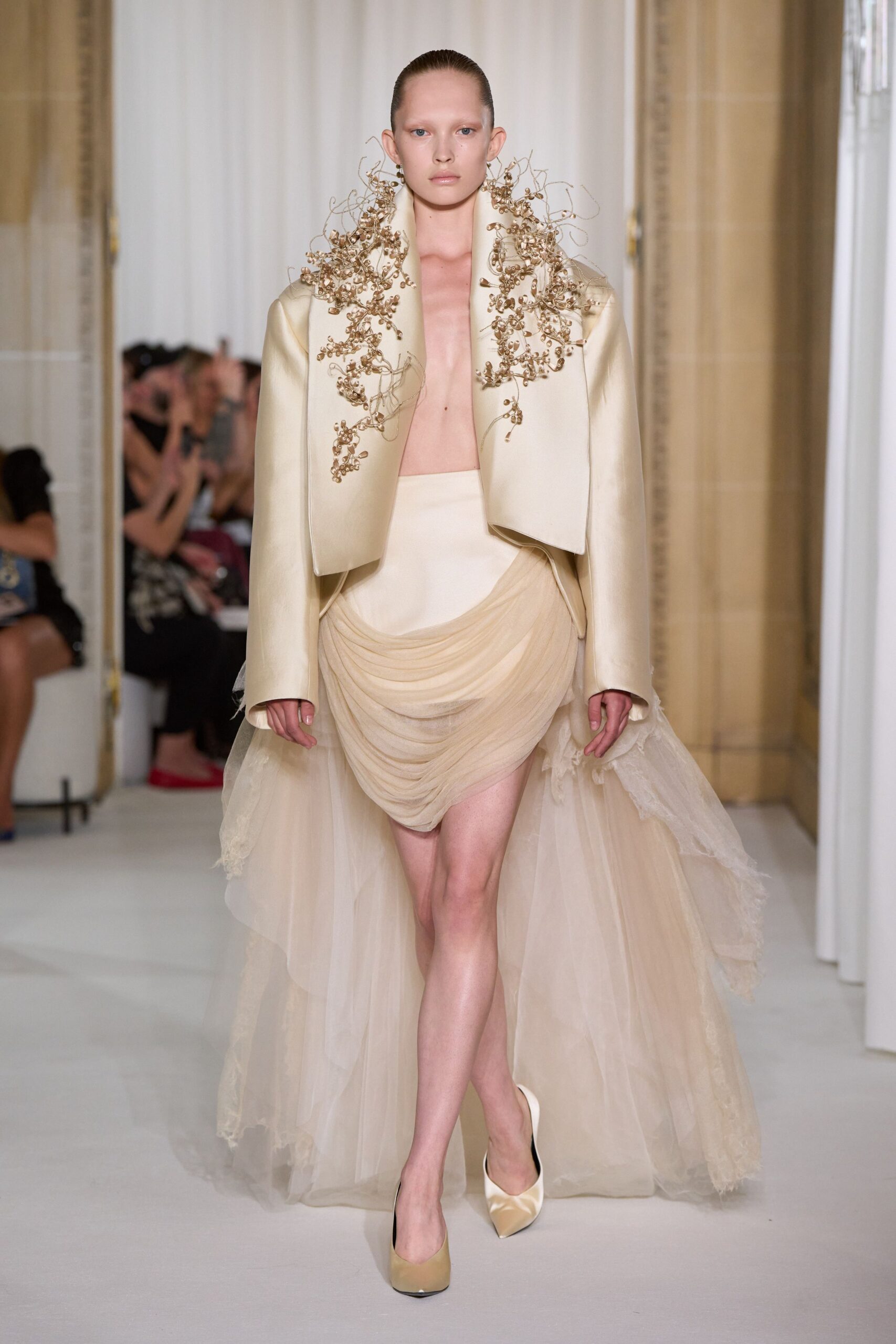gold silk long-sleeve collared structured embroidered jacket