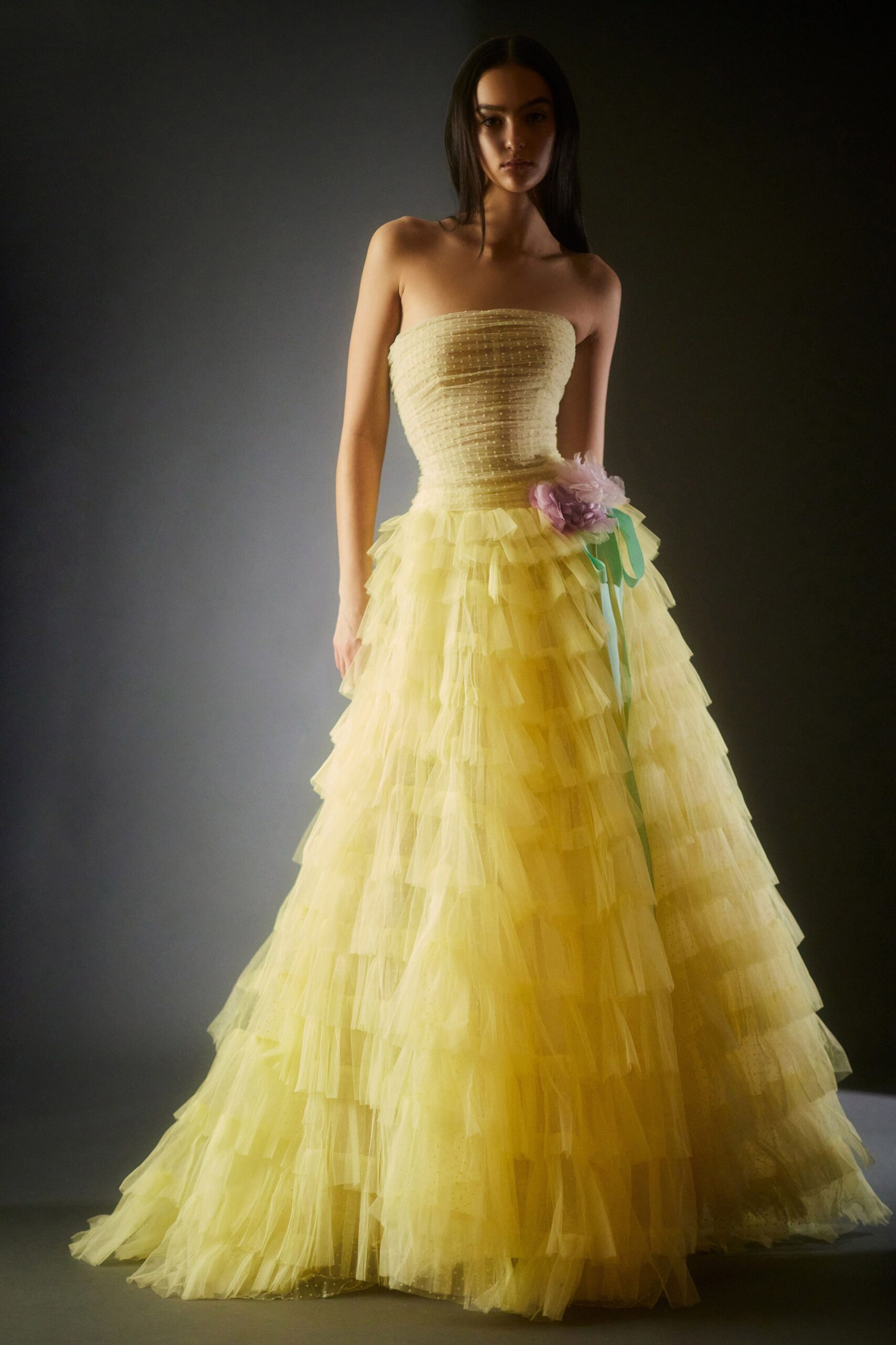 yellow tiered strapless gown