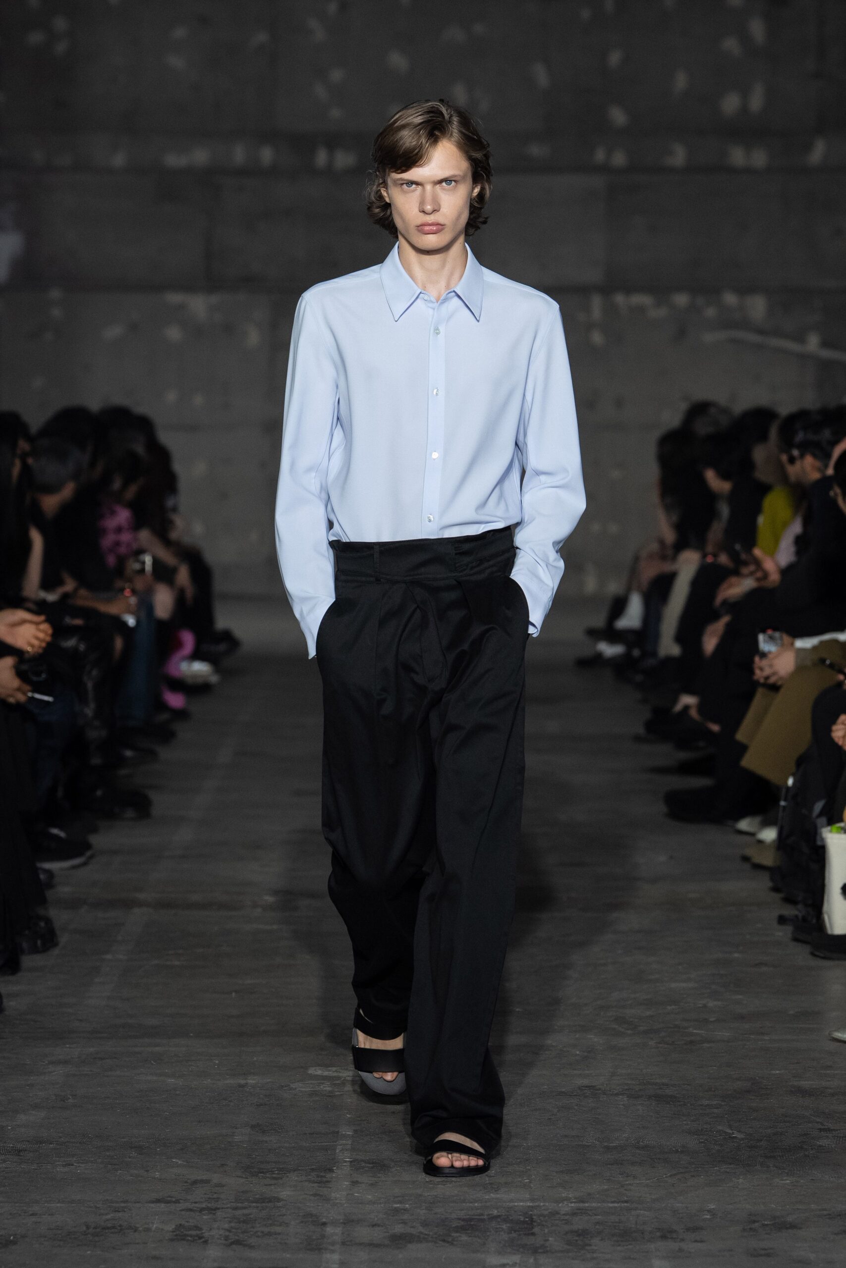 black wool structured pleated wide-leg pants