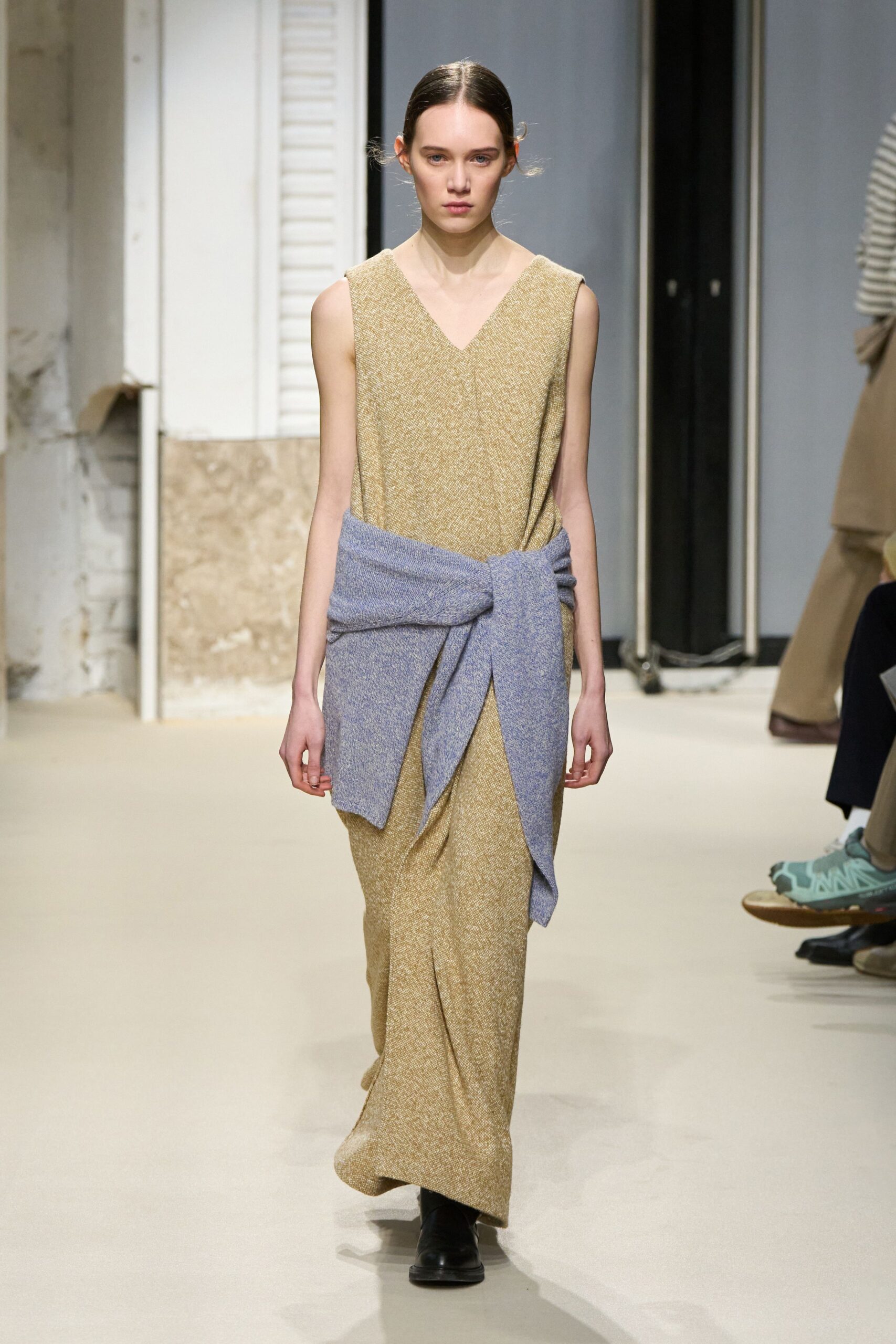 yellow beige maxi dress with blue sweater