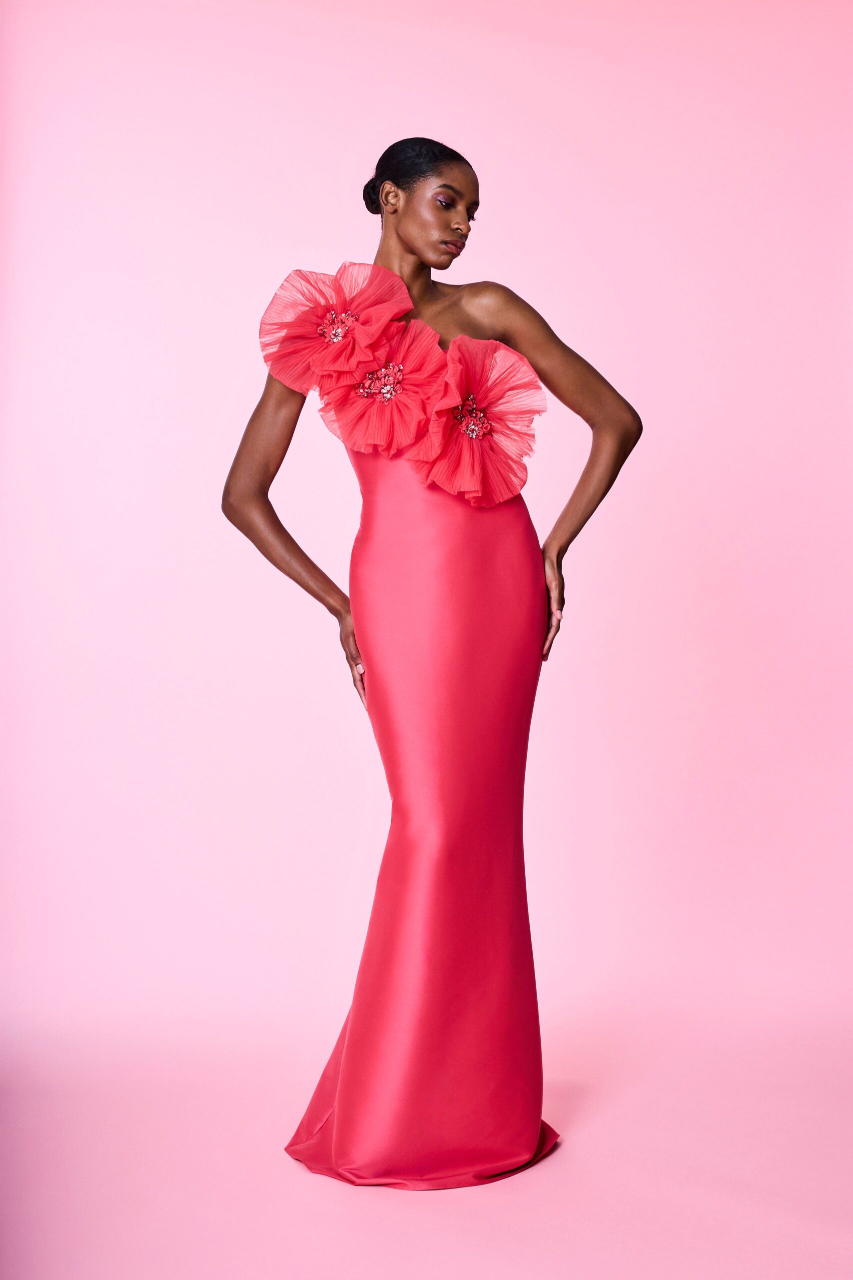 red satin fitted gown