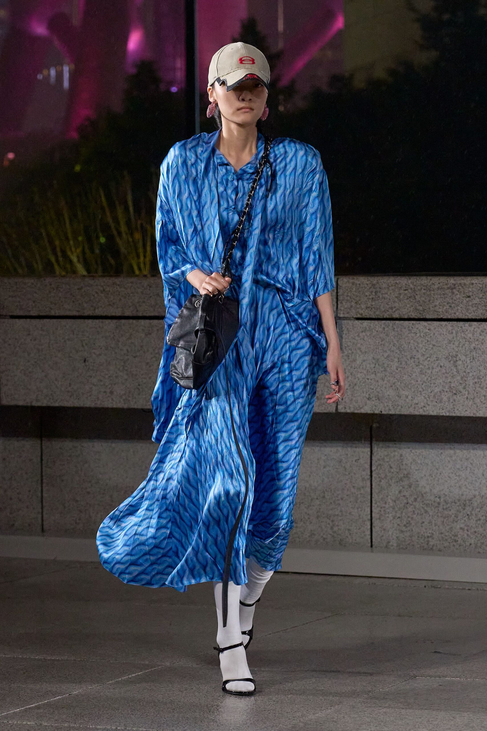 blue silk long-sleeve collared relaxed printed flowing dress