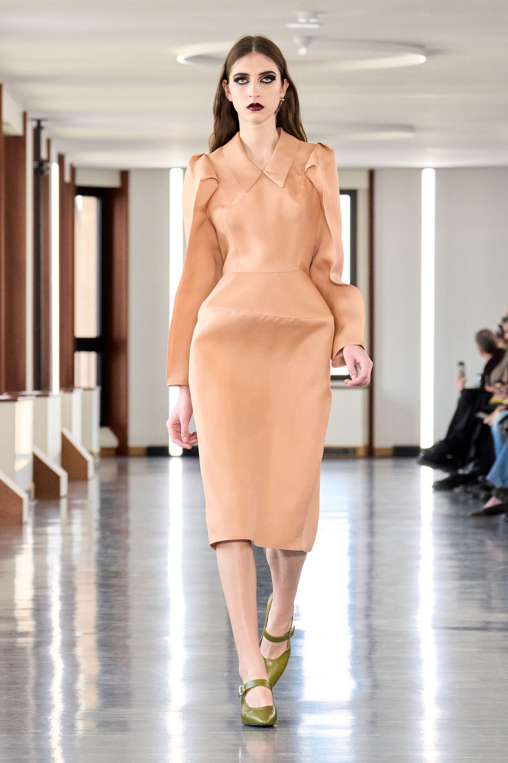 coral silk long-sleeve v-neck fitted structured midi dress