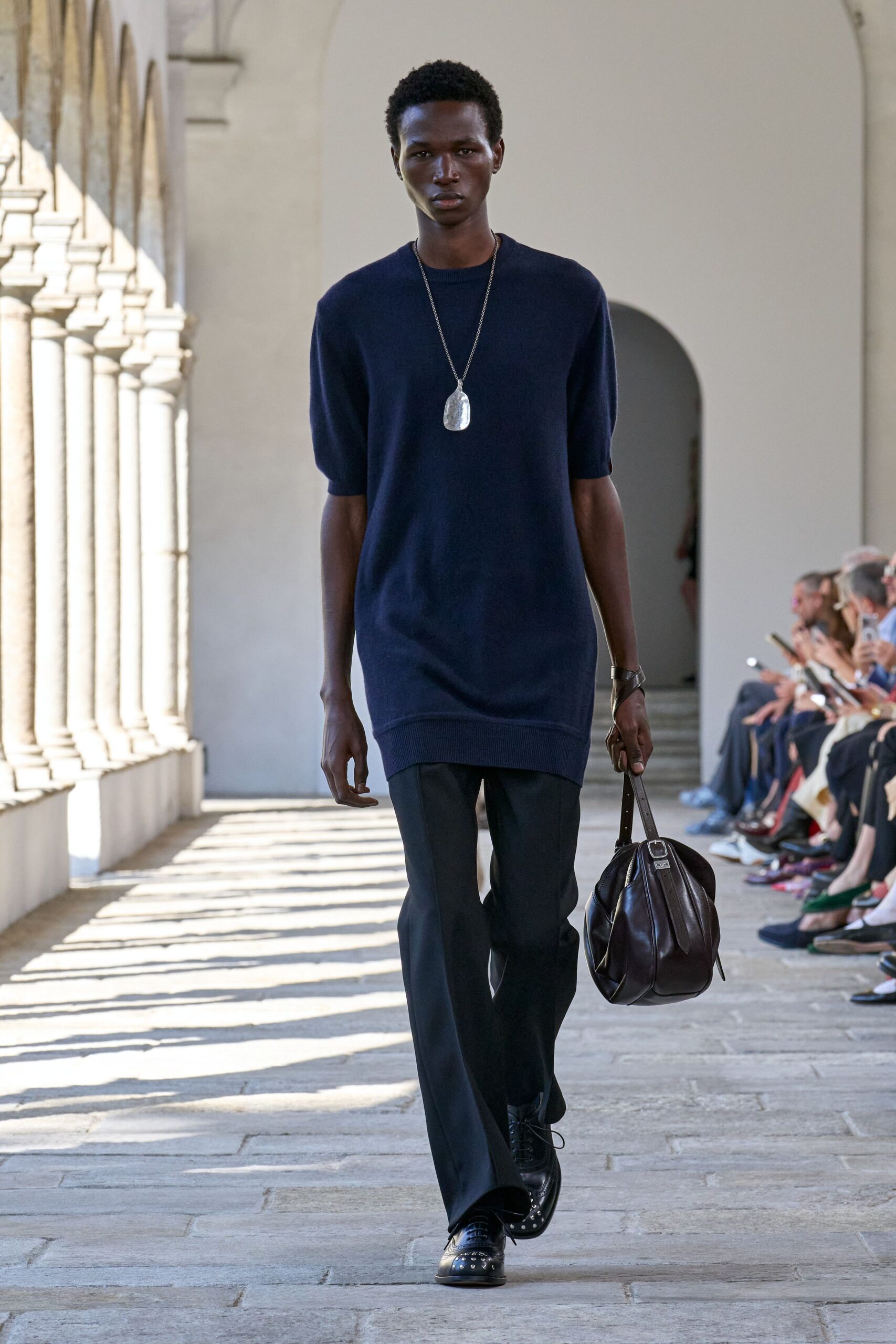 blue wool short-sleeve collared relaxed top