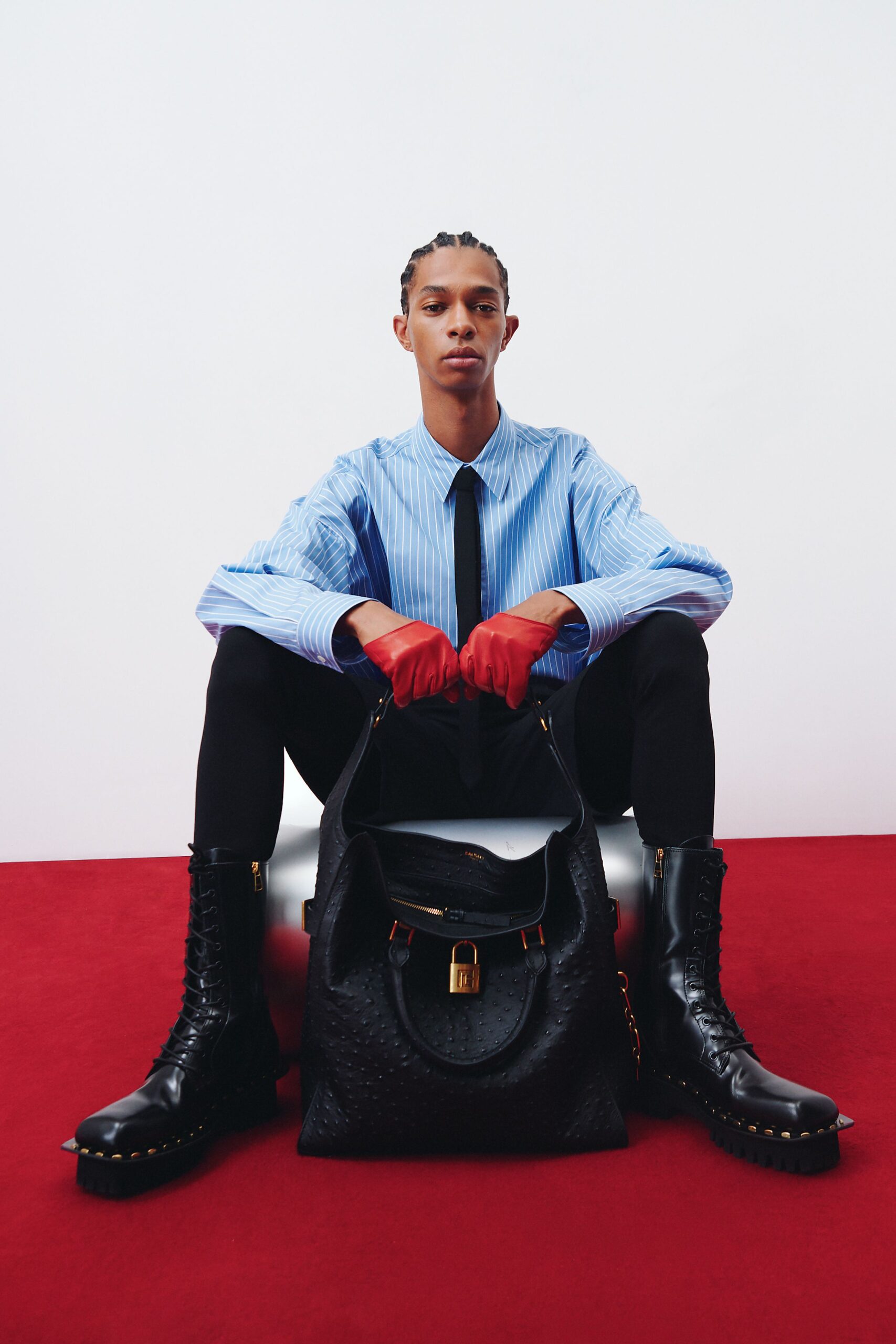 black leather structured zippered pockets shiny maxi boots