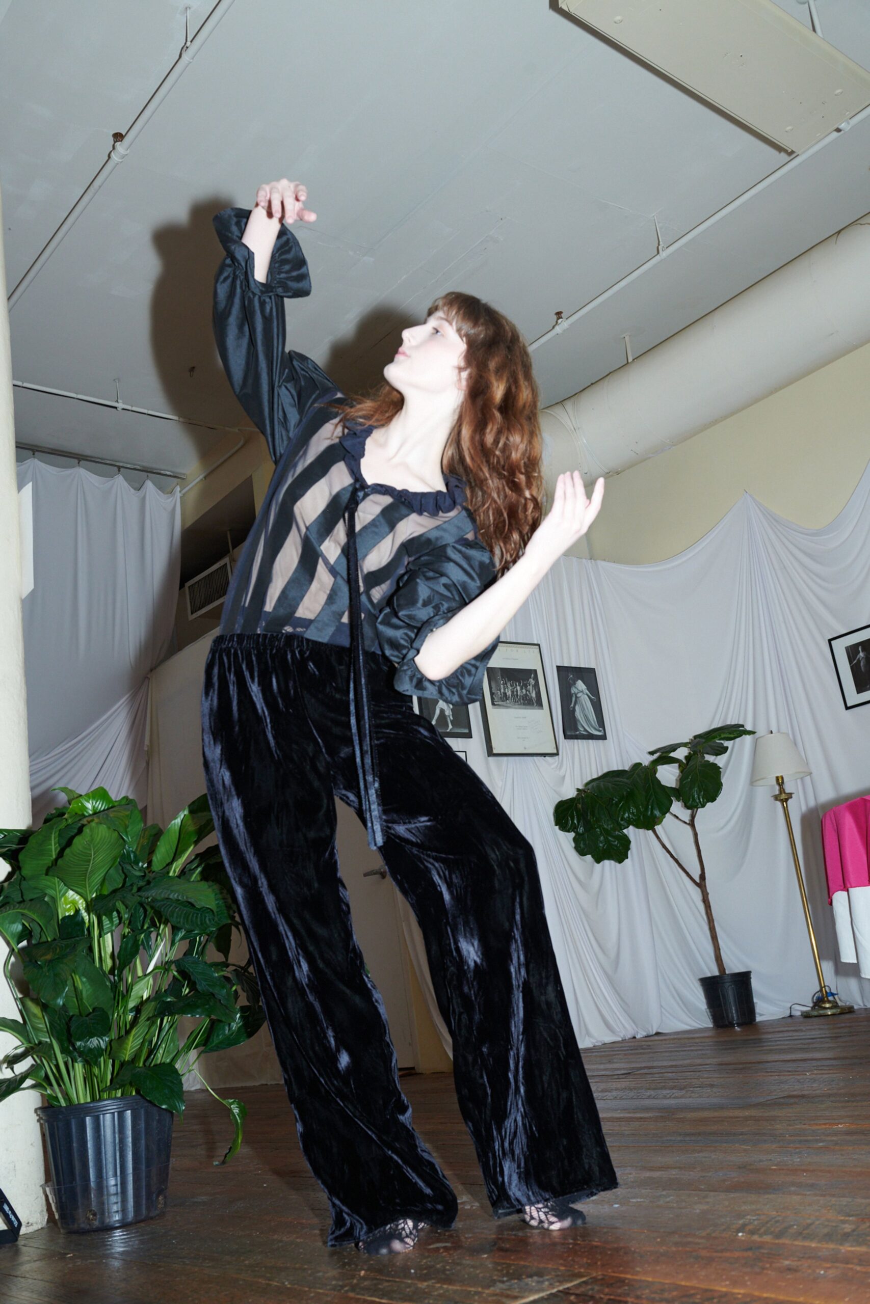 black silk top and velvet pants