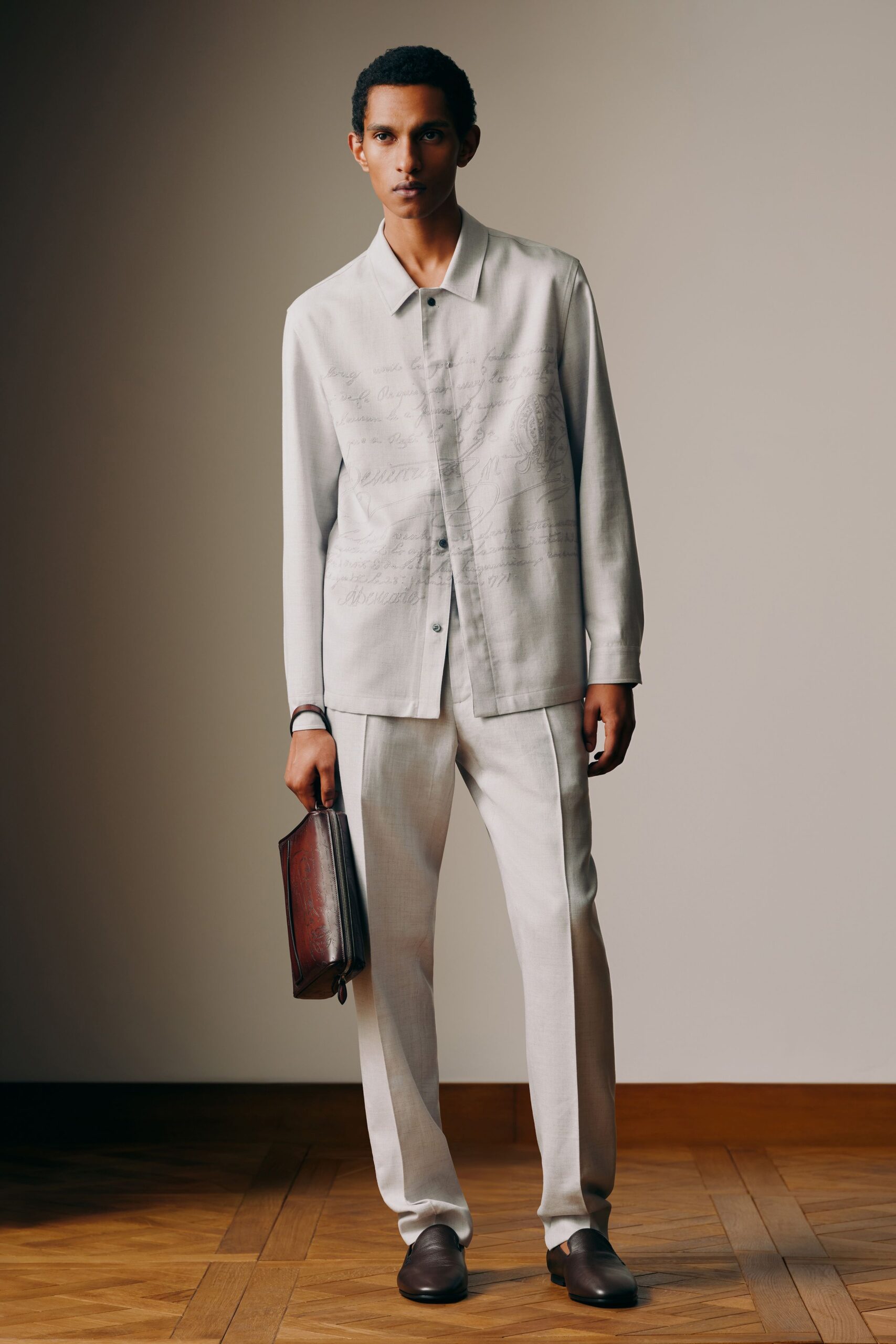 gray cotton shirt with tailored pants