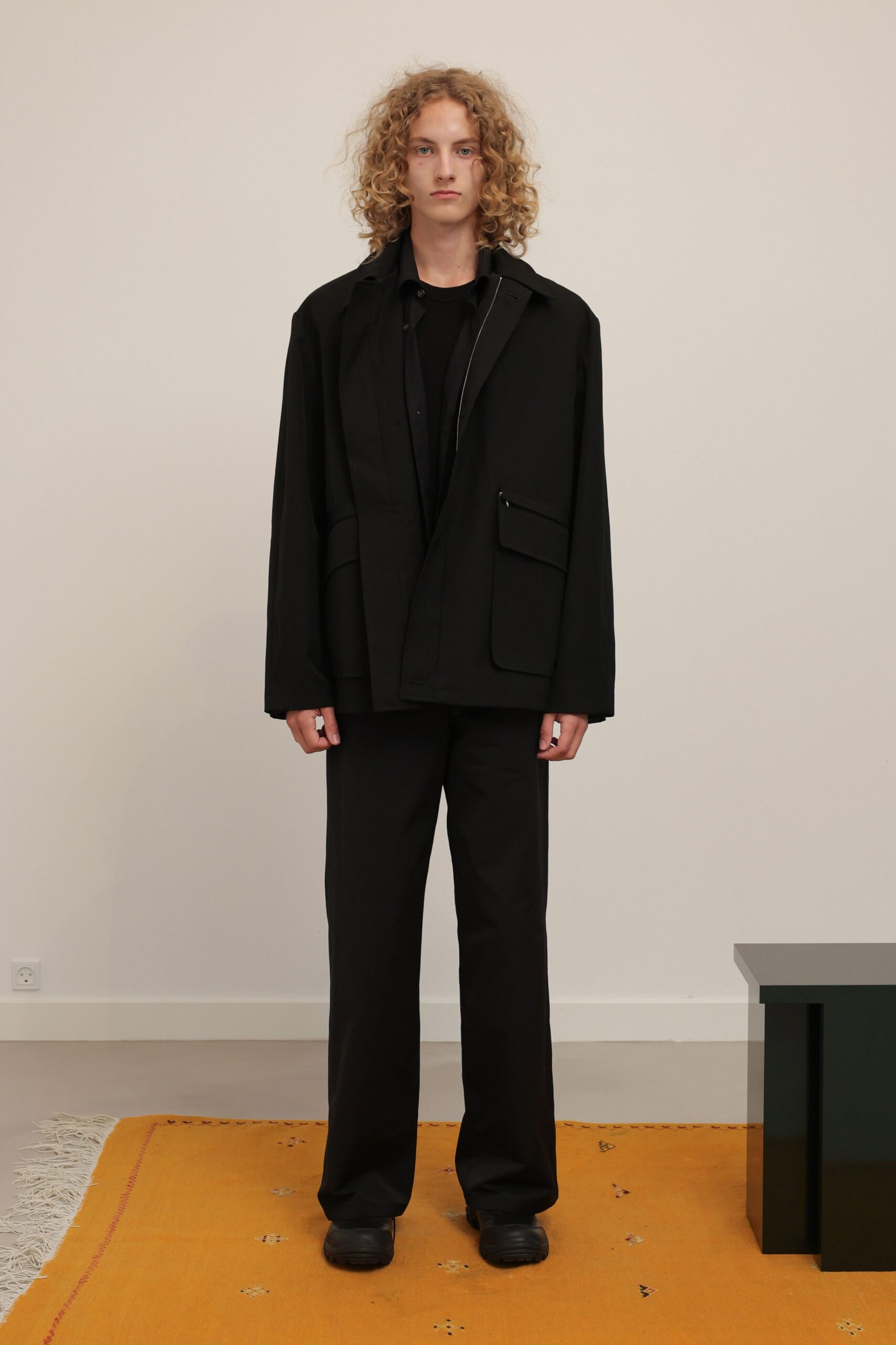 black wool long-sleeve collared oversized pockets zippered jacket