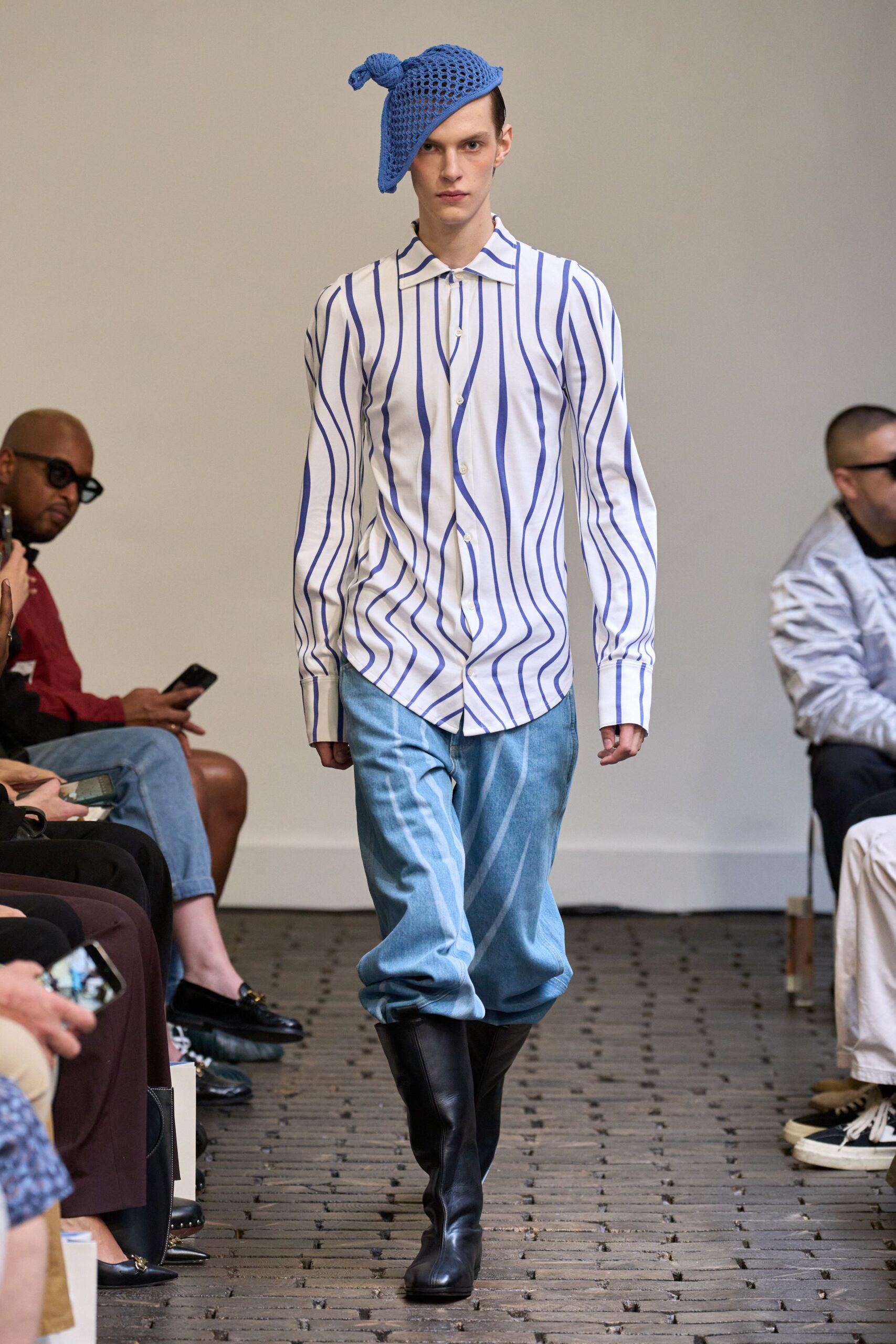 blue striped shirt with denim pants