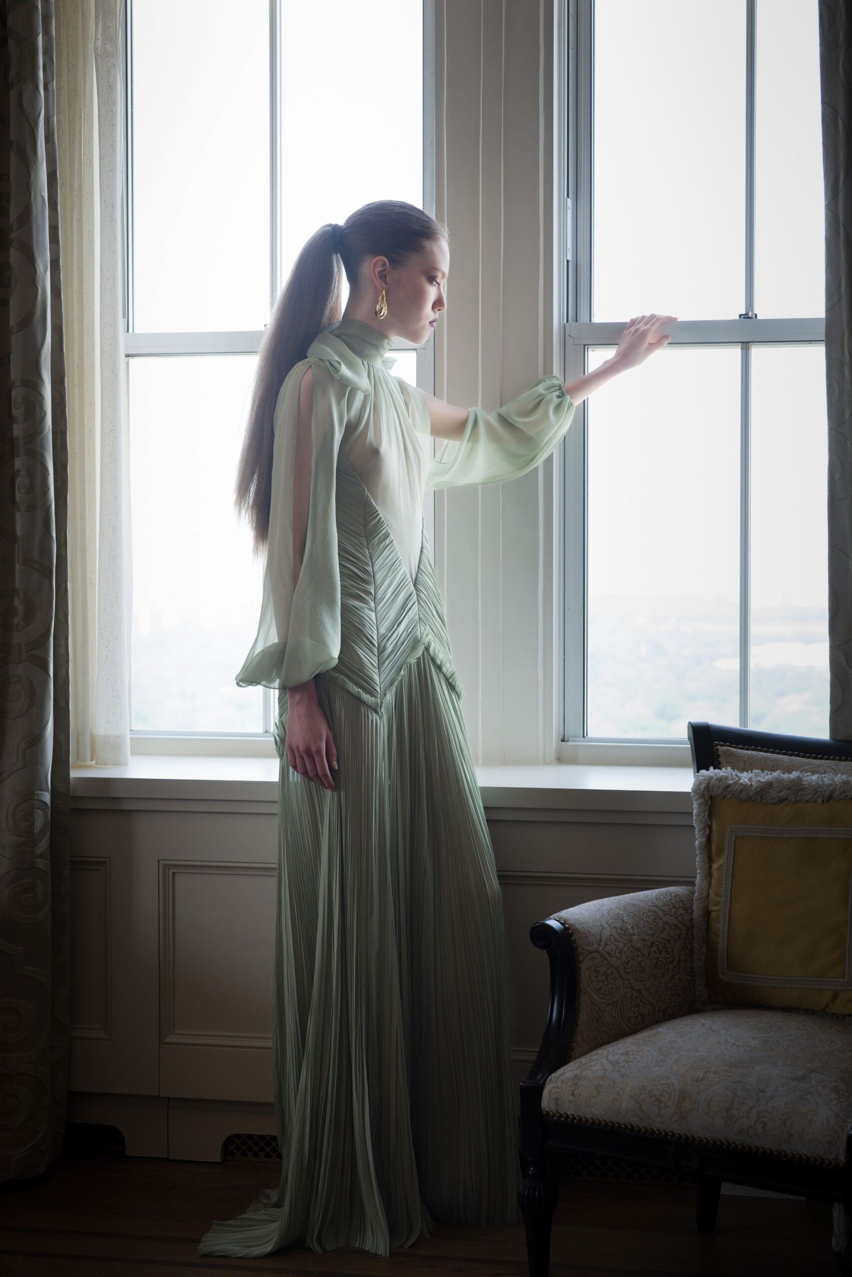 green pleated silk gown