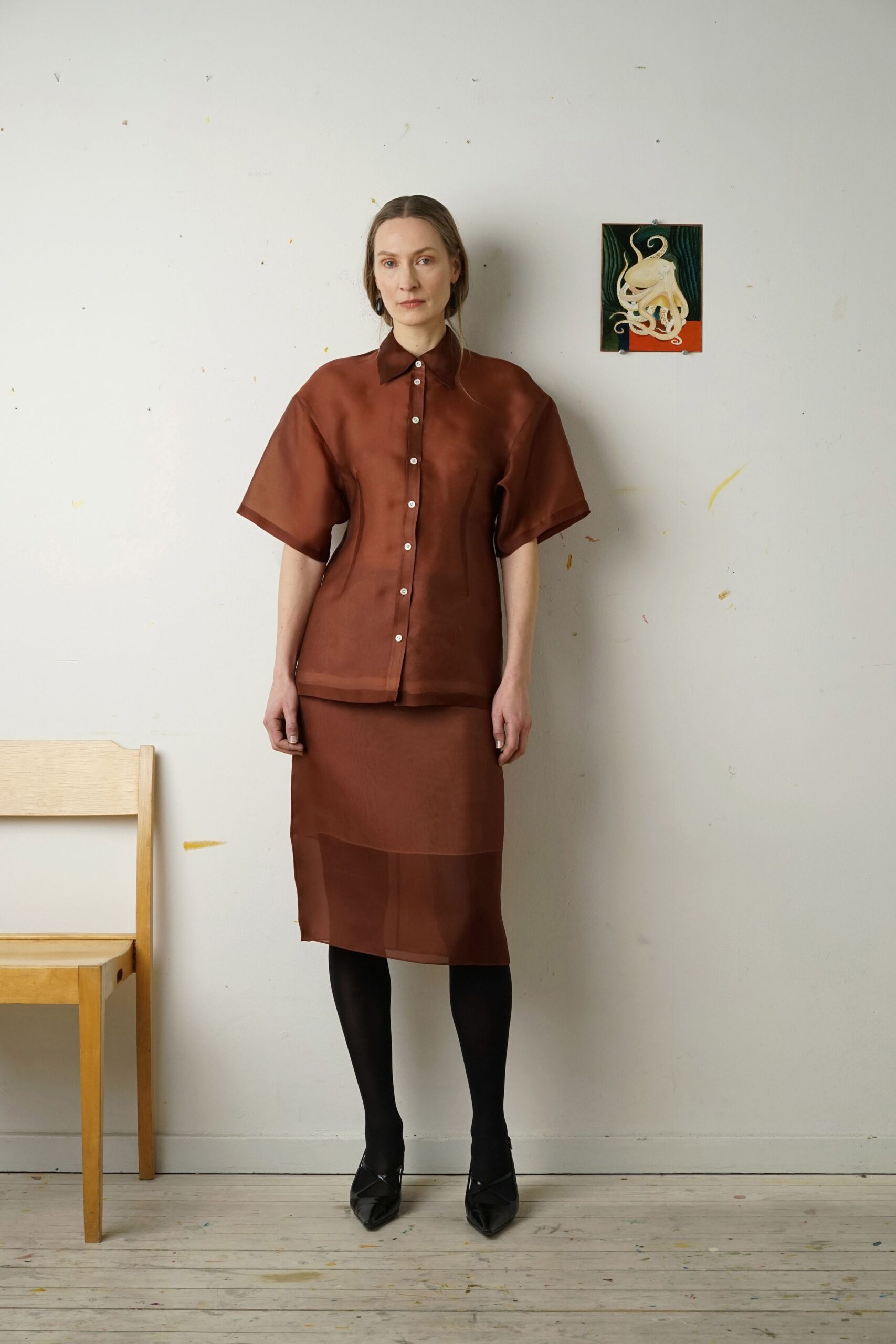 brown silk short-sleeve collared fitted buttoned sheer top