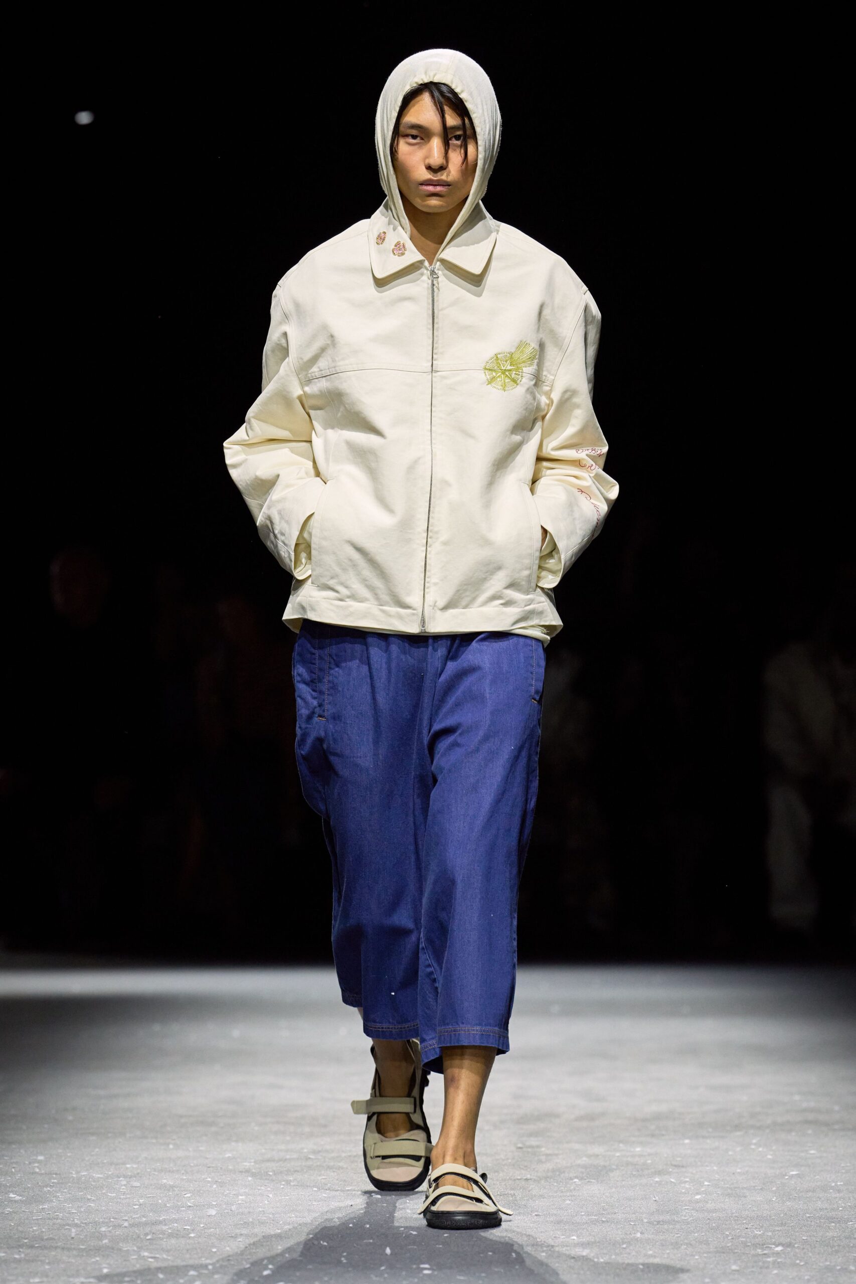 white jacket blue pants