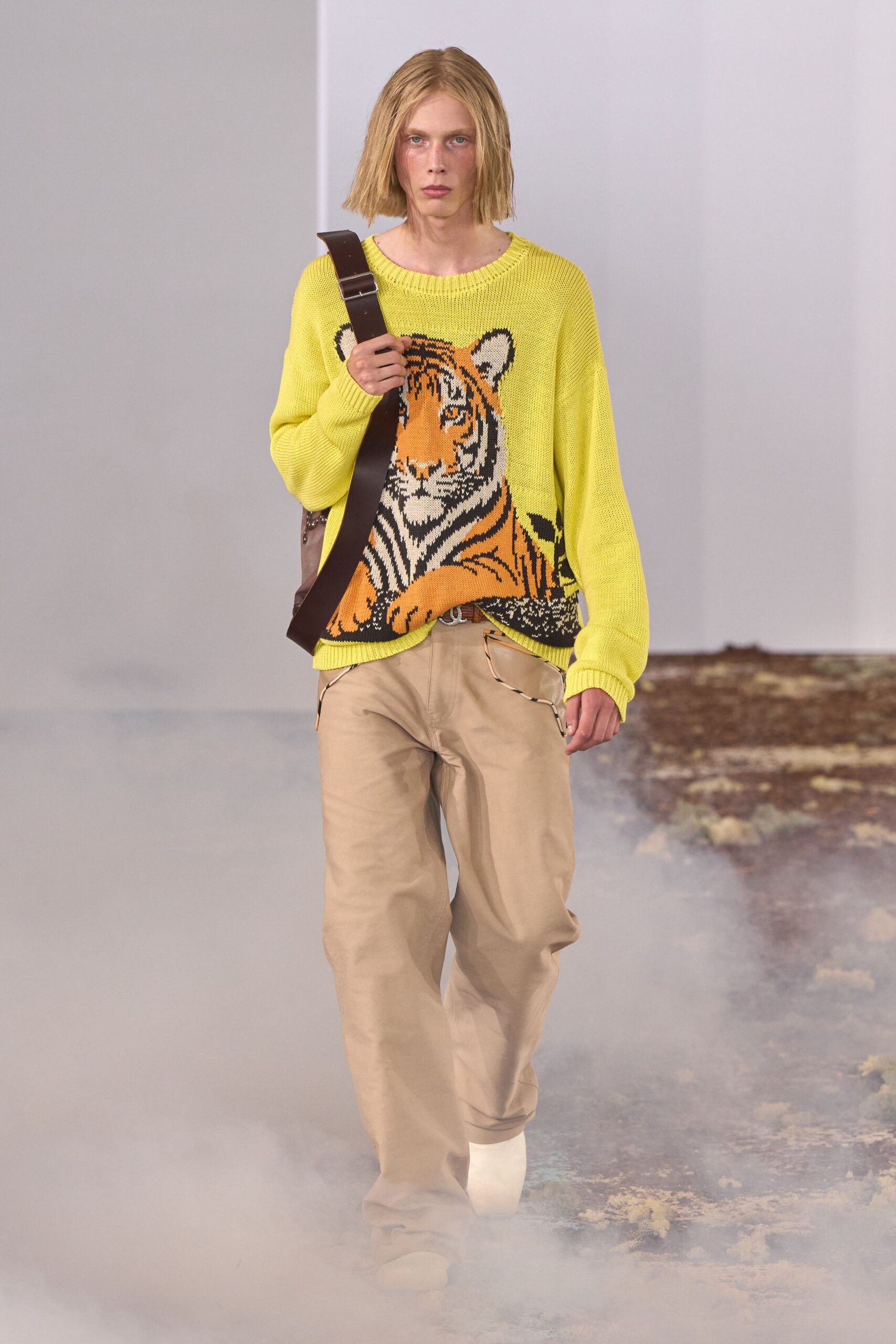 yellow knit long-sleeve collared oversized printed sweater