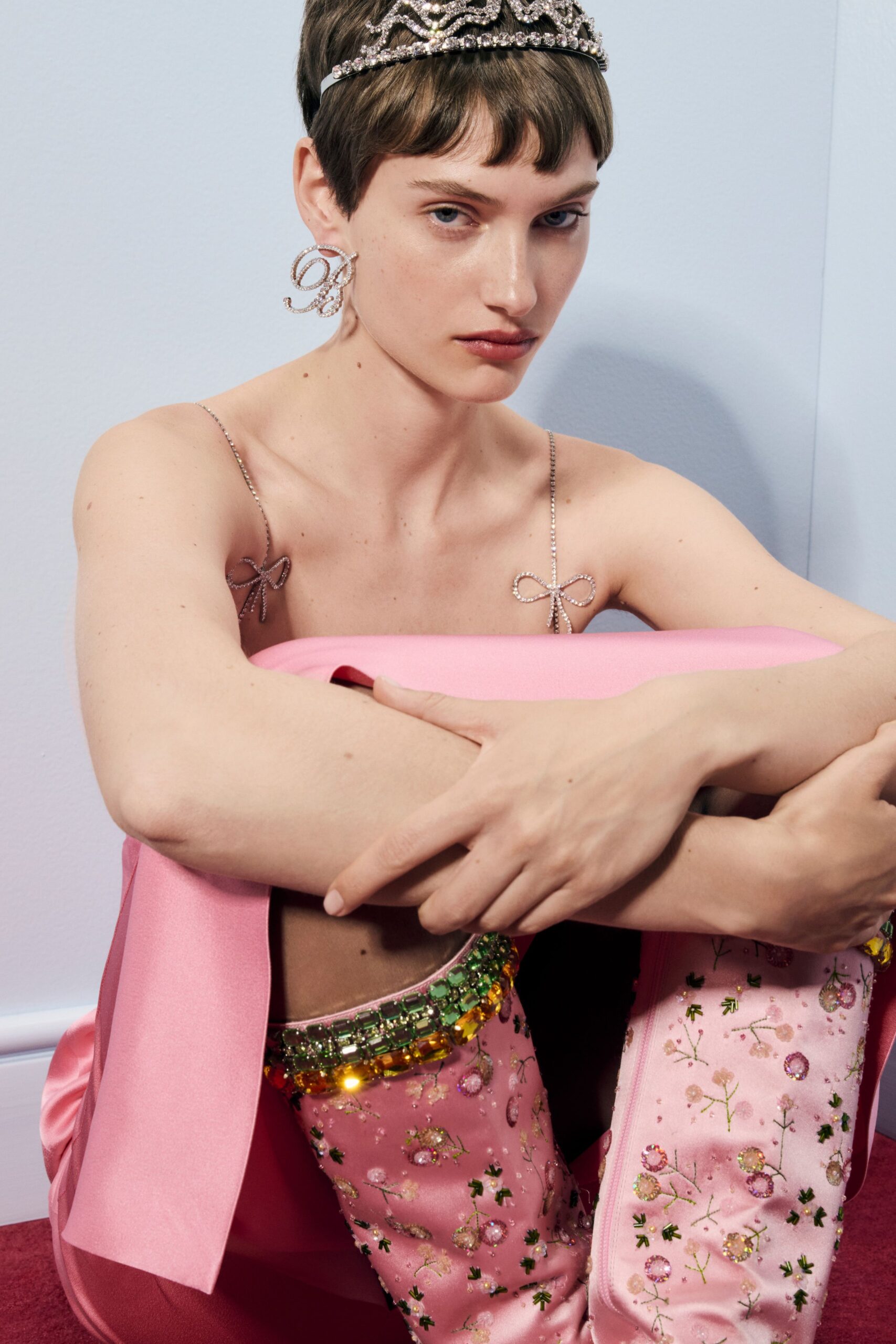 pink satin fitted flared embroidered pants