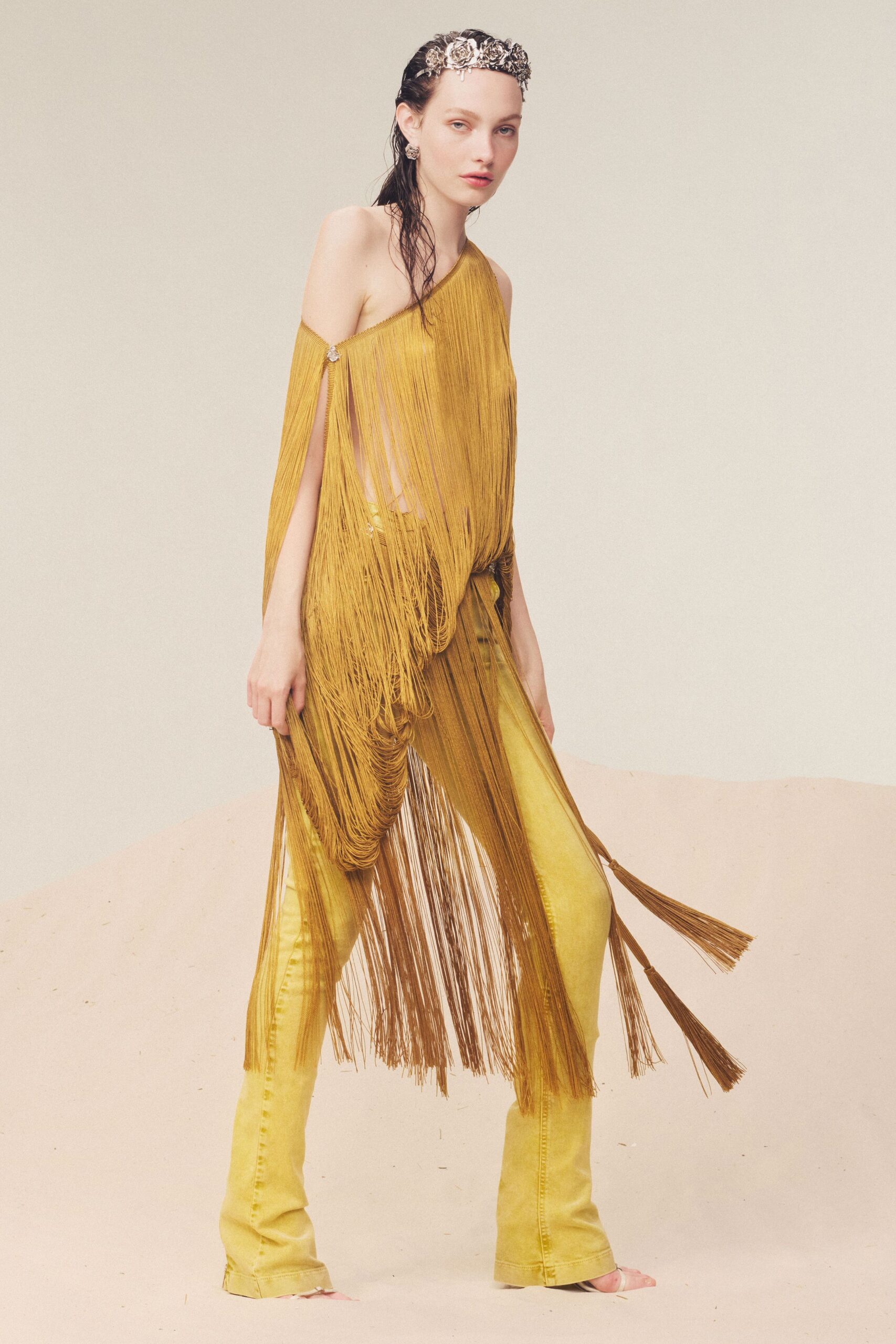 yellow denim fitted straight-leg pants