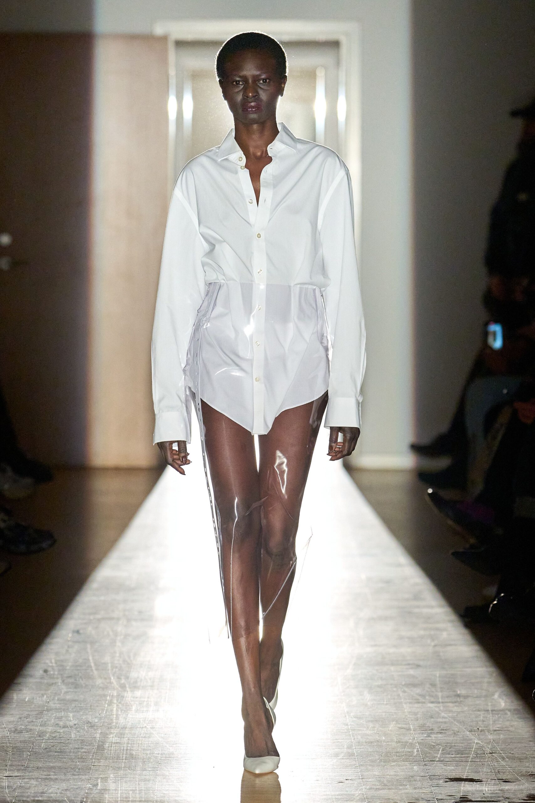 white cotton long-sleeve collared relaxed buttoned sheer shirt