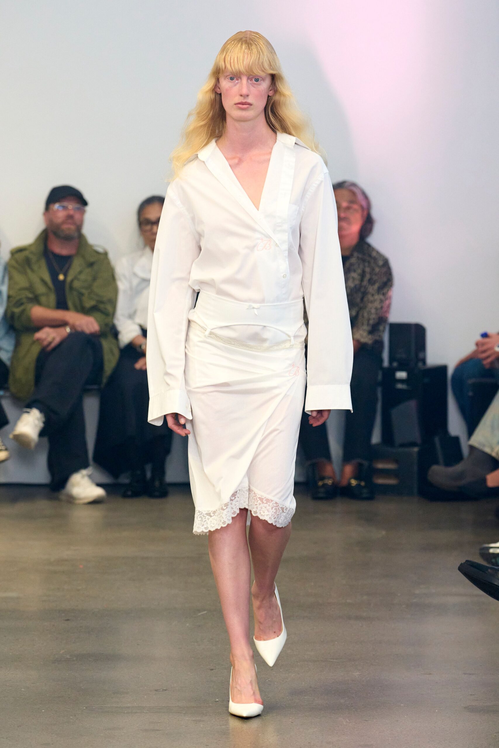 white silk high-neck fitted ruched sheer midi skirt