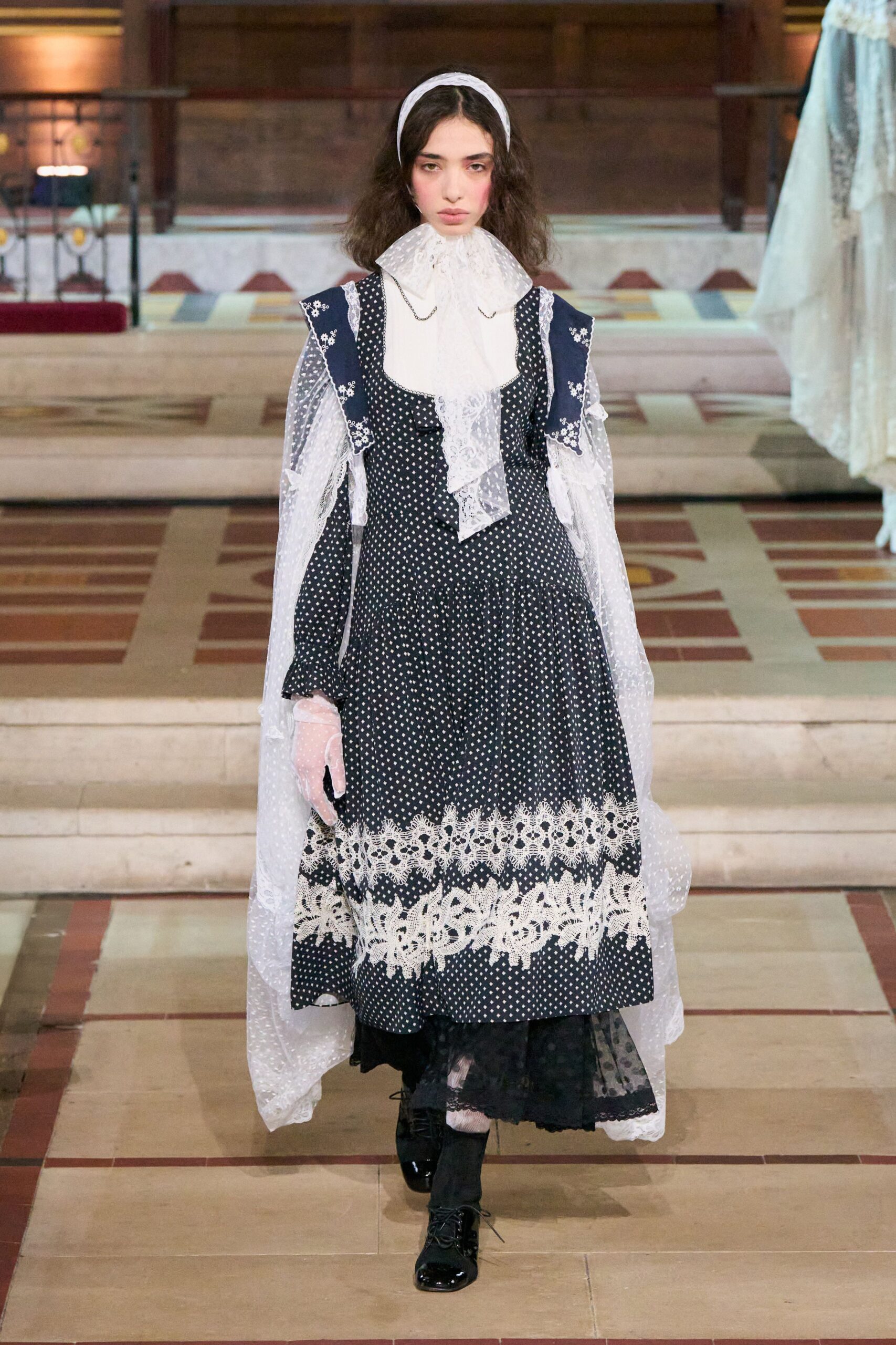 black cotton long-sleeve collared fitted pleated embroidered dress