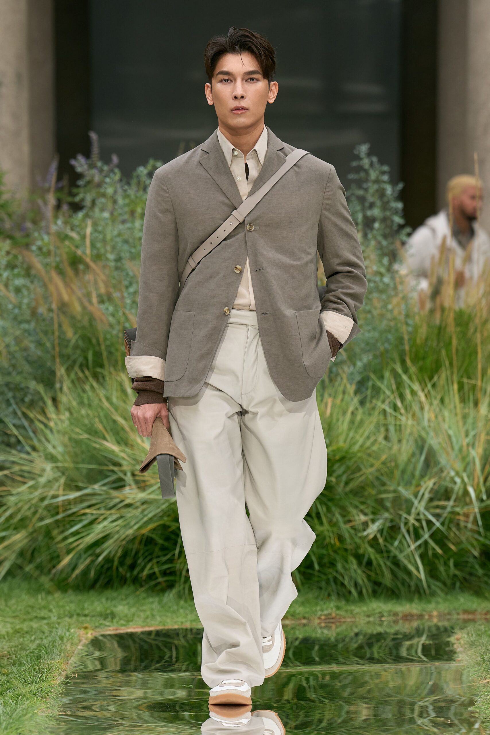 gray blazer beige shirt white pants