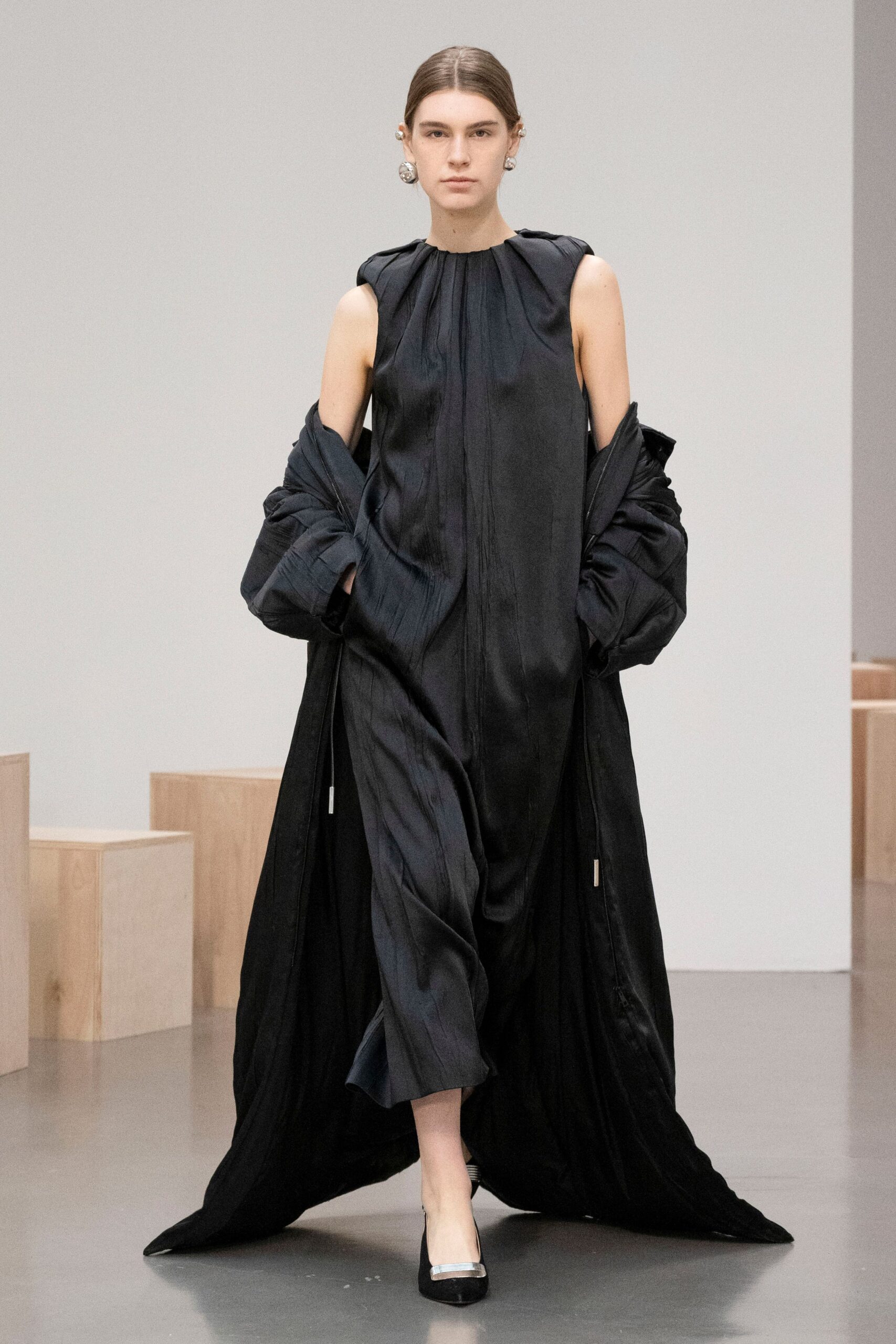 black silk midi dress with oversized coat