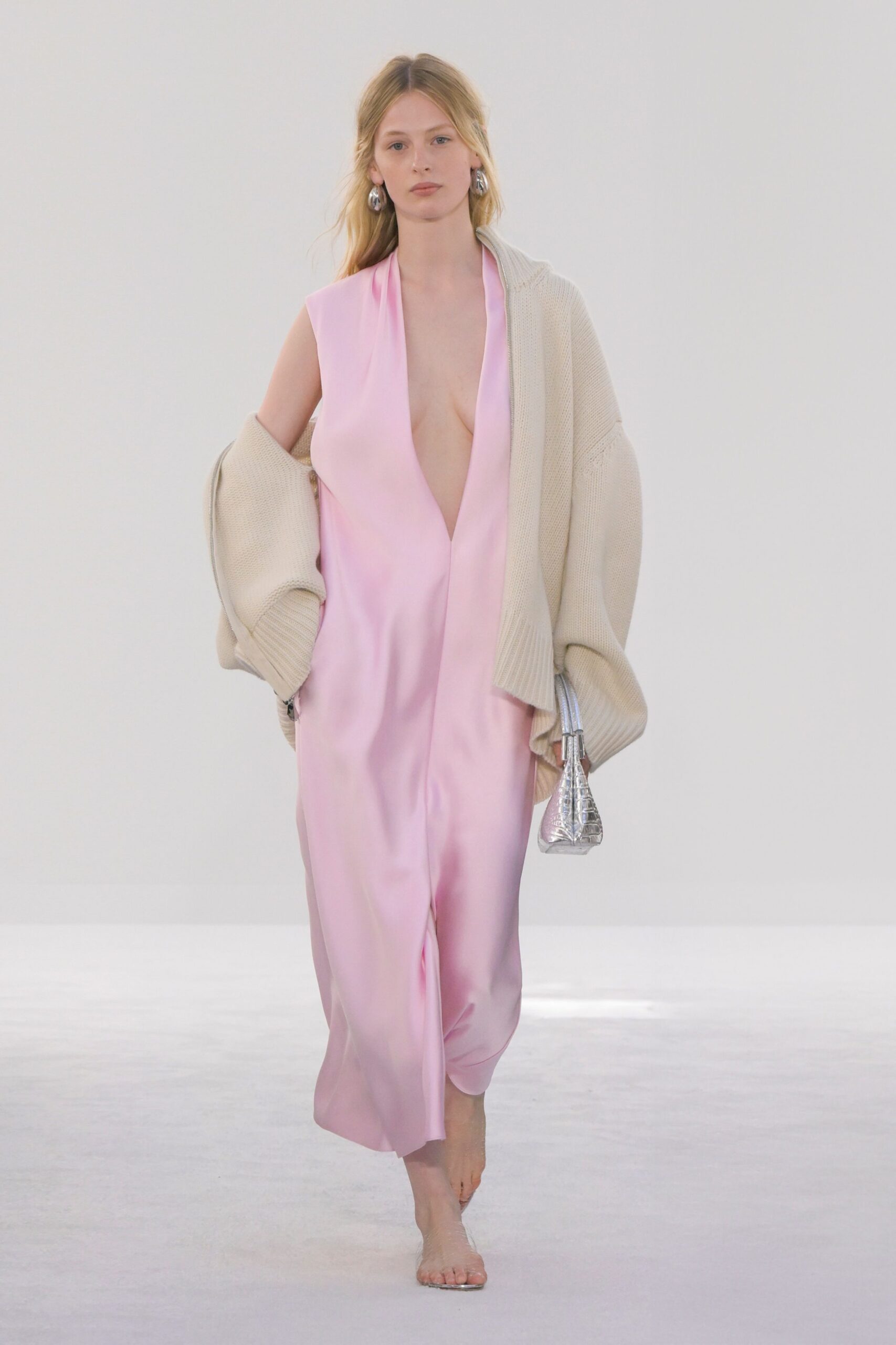 pink silk midi dress with cardigan
